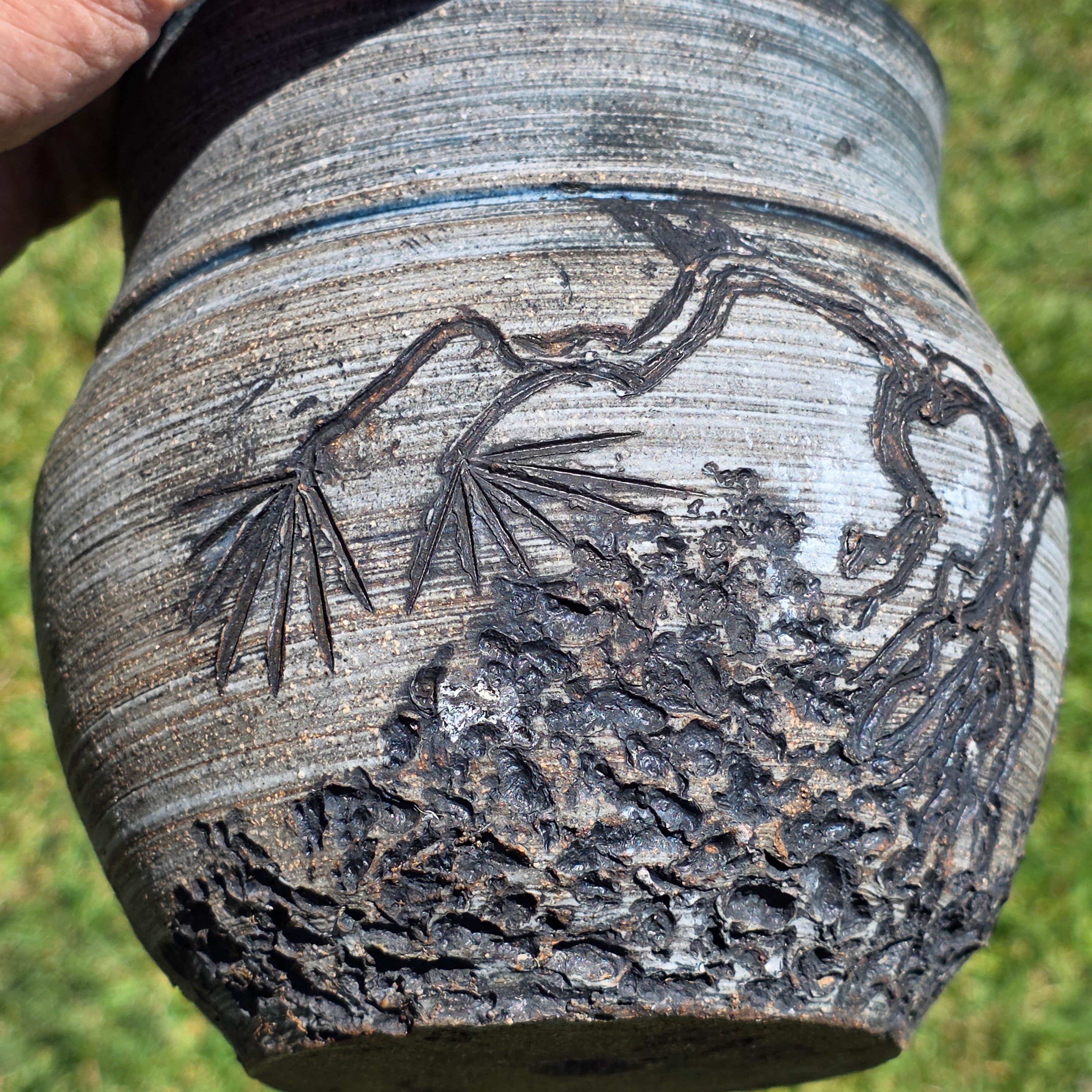 Vintage 1973 Signed HARI Studio Pottery Planter Pine Tree Zen Art 6" Hairline