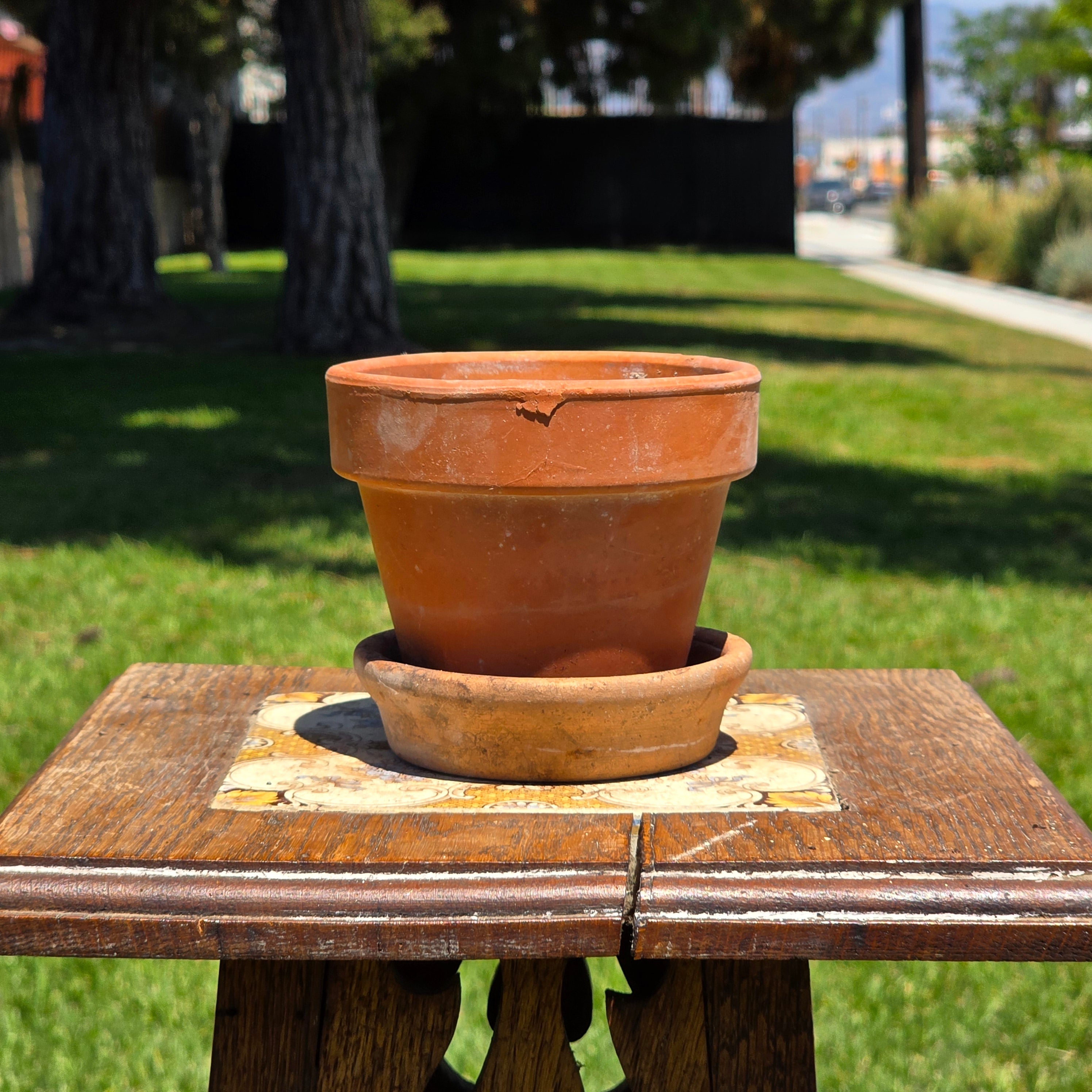 Vintage Italian Terracotta Planter Pot Glazed Saucer Set Made In Italy 4.5" Small