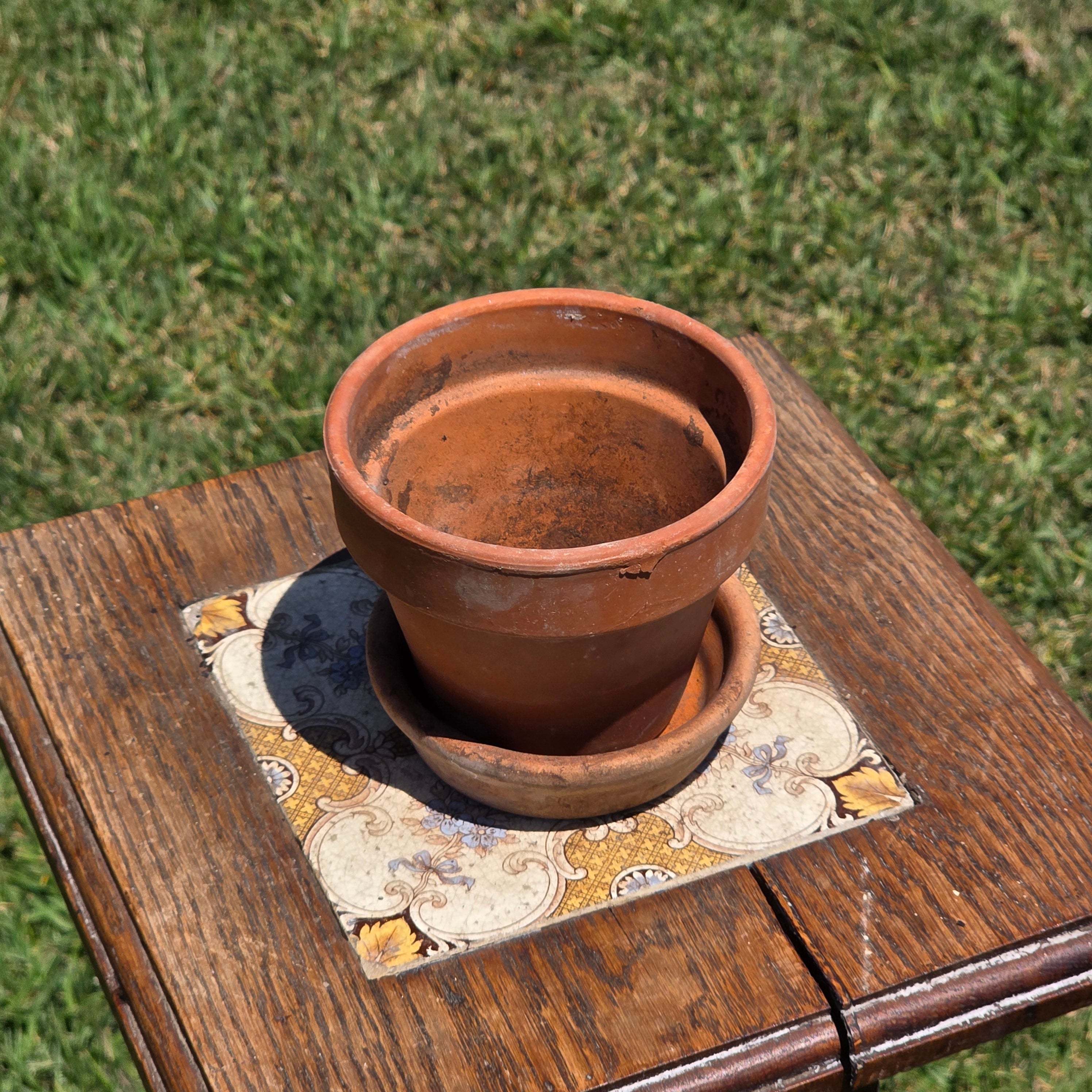Vintage Italian Terracotta Planter Pot Glazed Saucer Set Made In Italy 4.5" Small