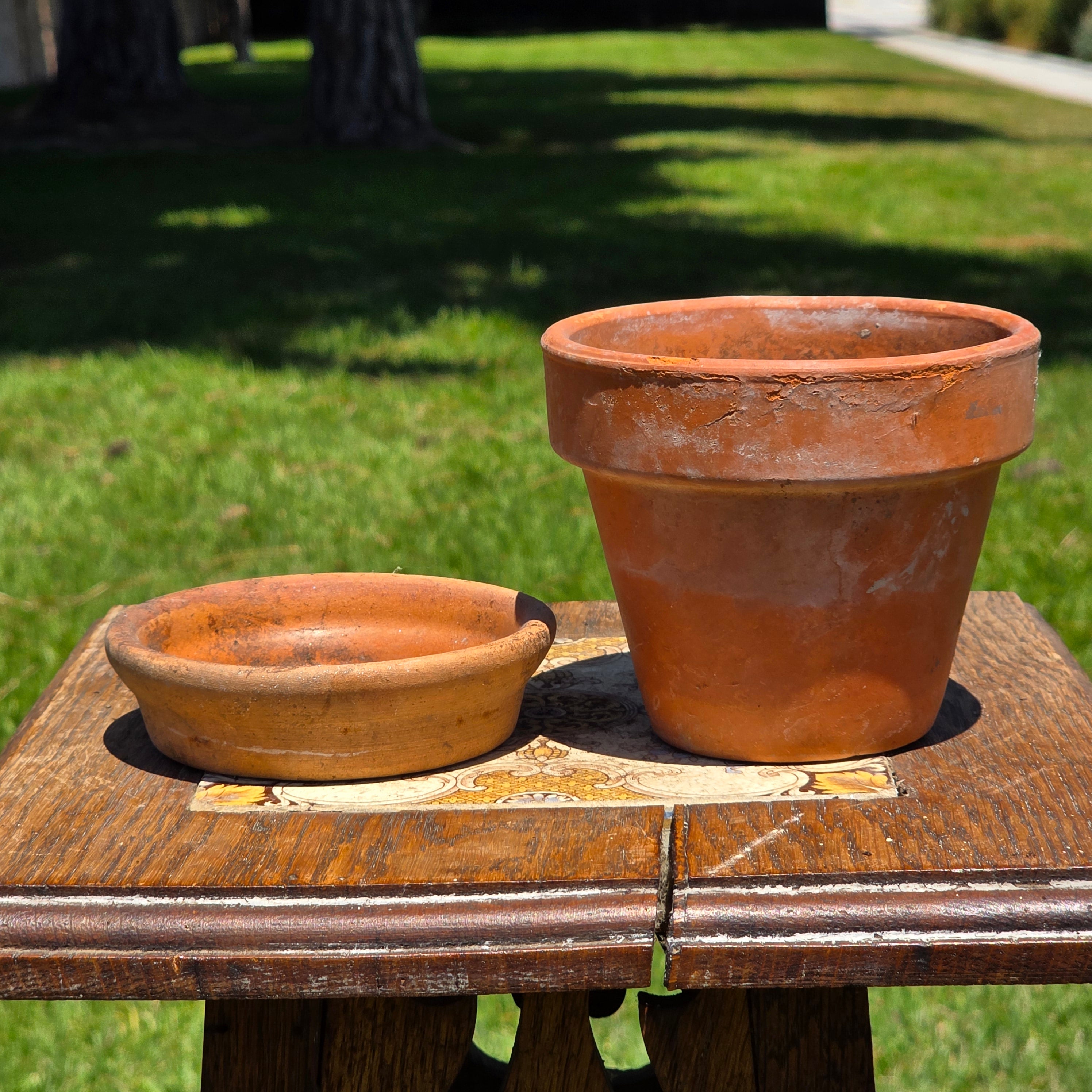 Vintage Italian Terracotta Planter Pot Glazed Saucer Set Made In Italy 4.5" Small