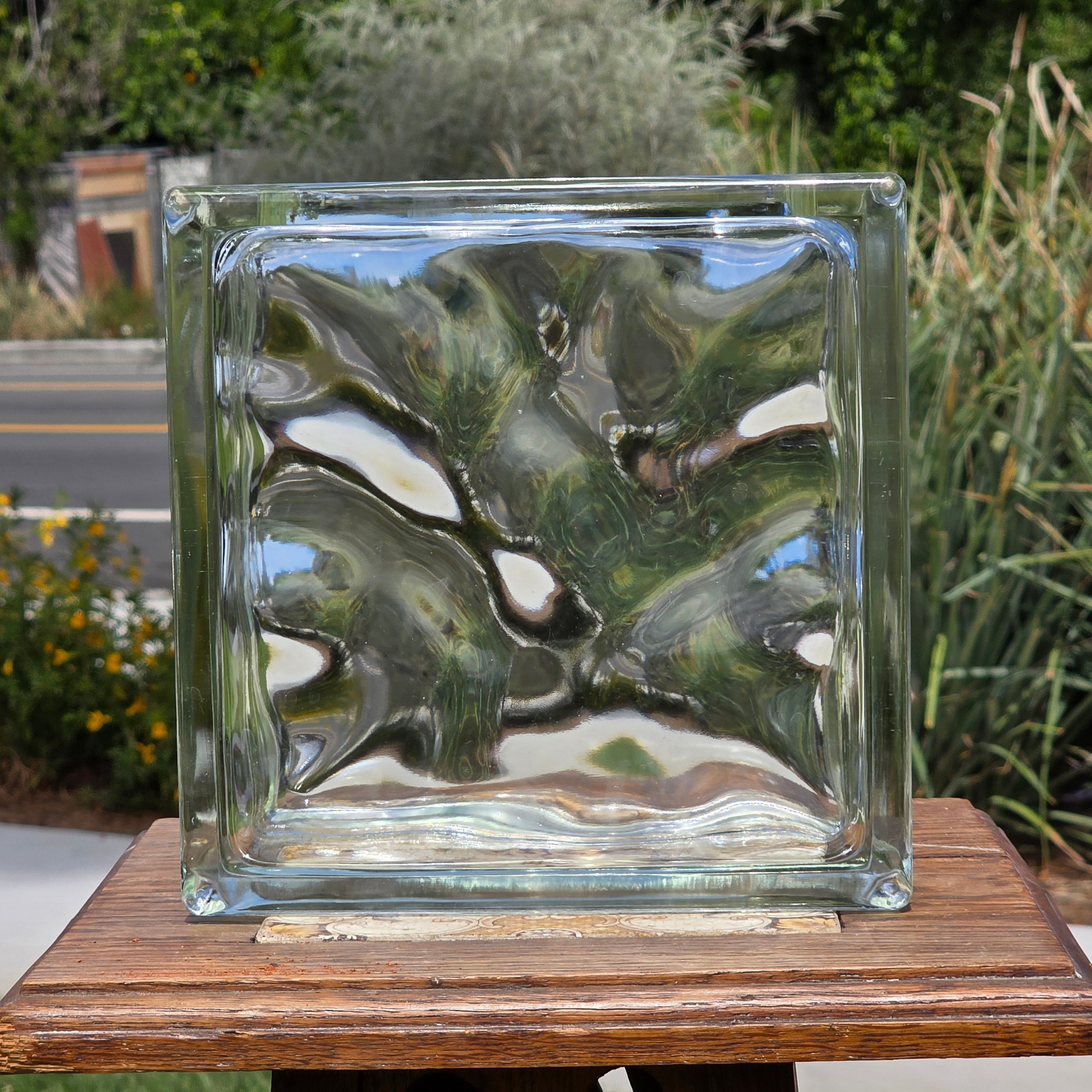 Vintage Glass Block Vase Tissue Box Holder Wavy Deco Style MCM 8x8 Clear Heavy