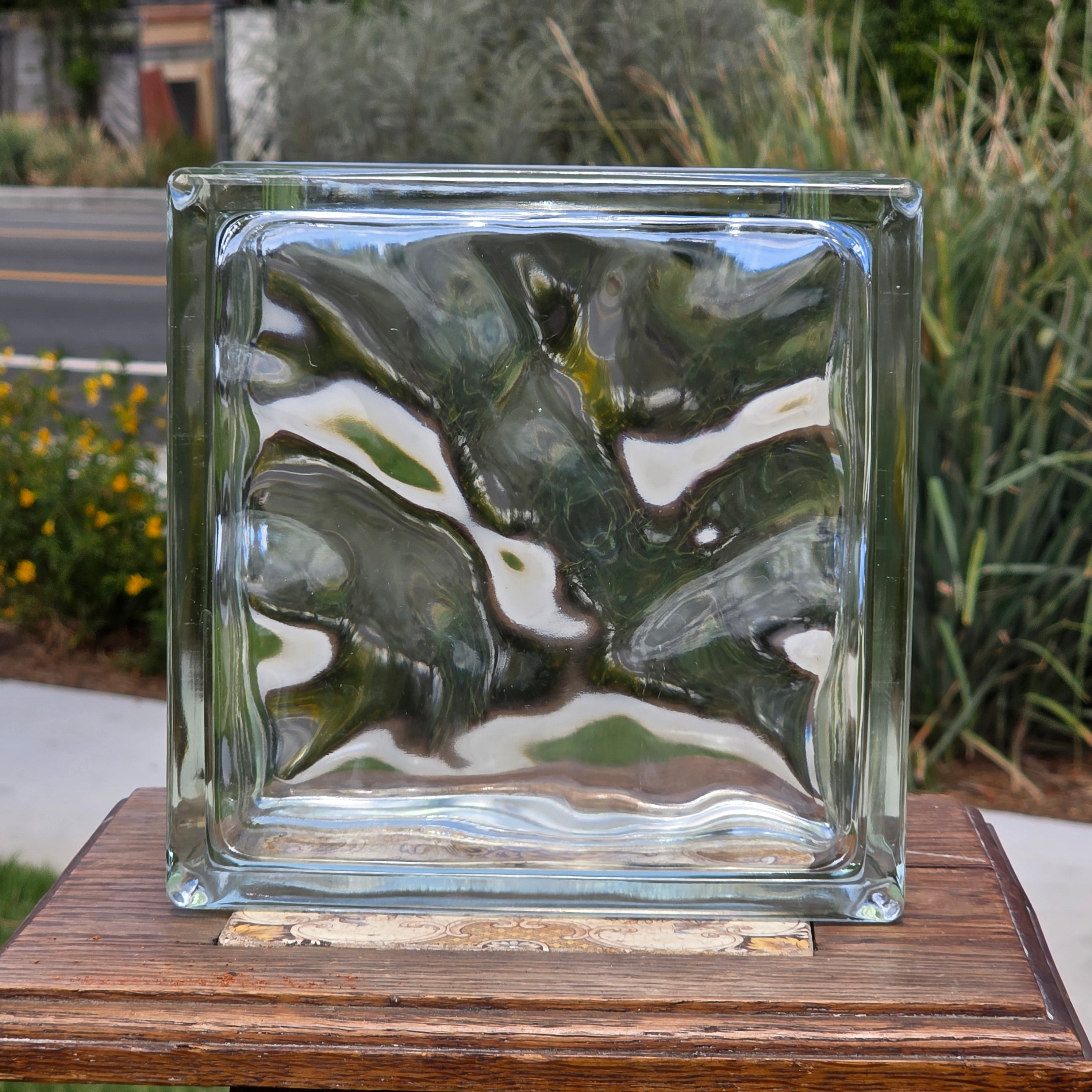Vintage Glass Block Vase Tissue Box Holder Wavy Deco Style MCM 8x8 Clear Heavy