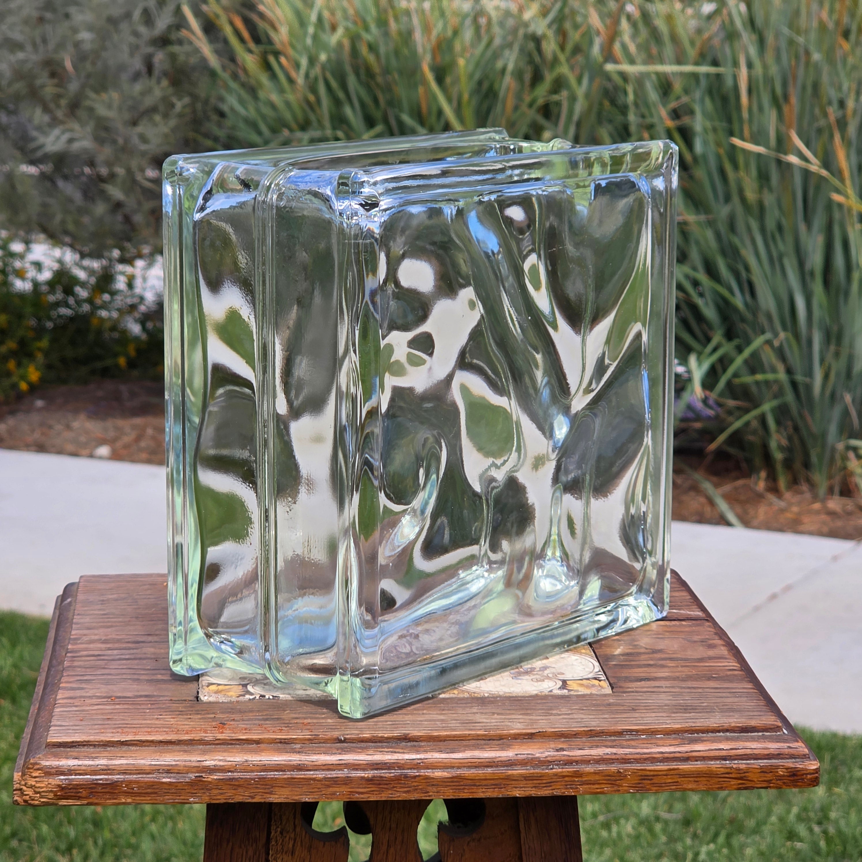 Vintage Glass Block Vase Tissue Box Holder Wavy Deco Style MCM 8x8 Clear Heavy