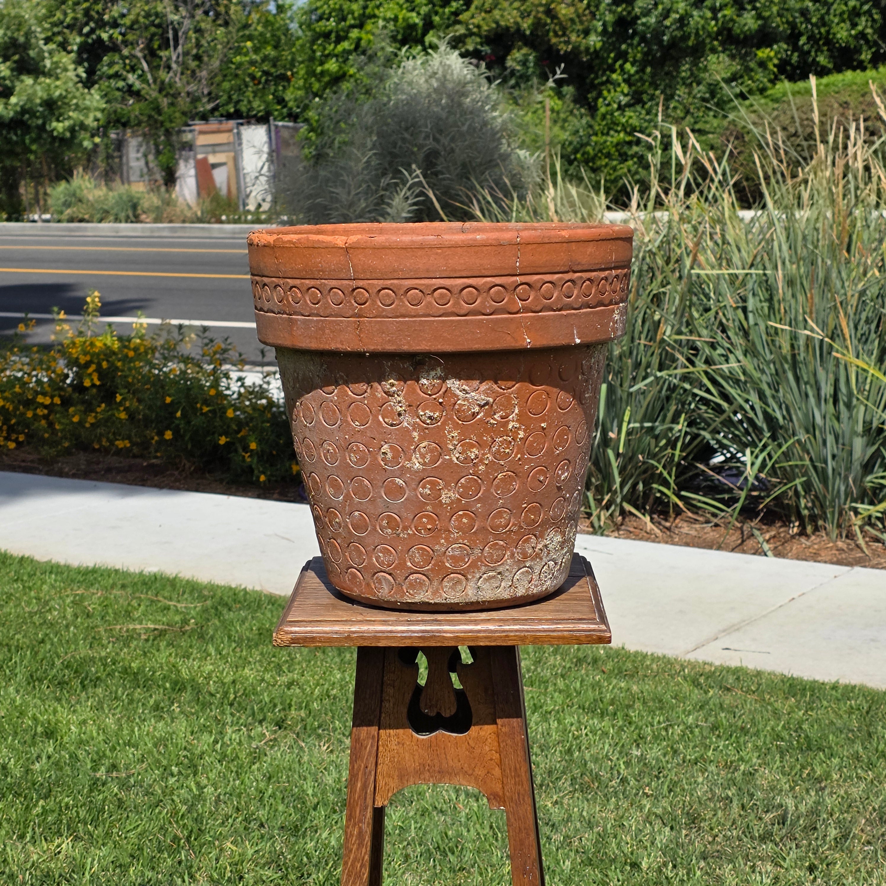 Vintage Terracotta Planter Mid Century Modern Circle Pattern Large 13" Pot Heavy
