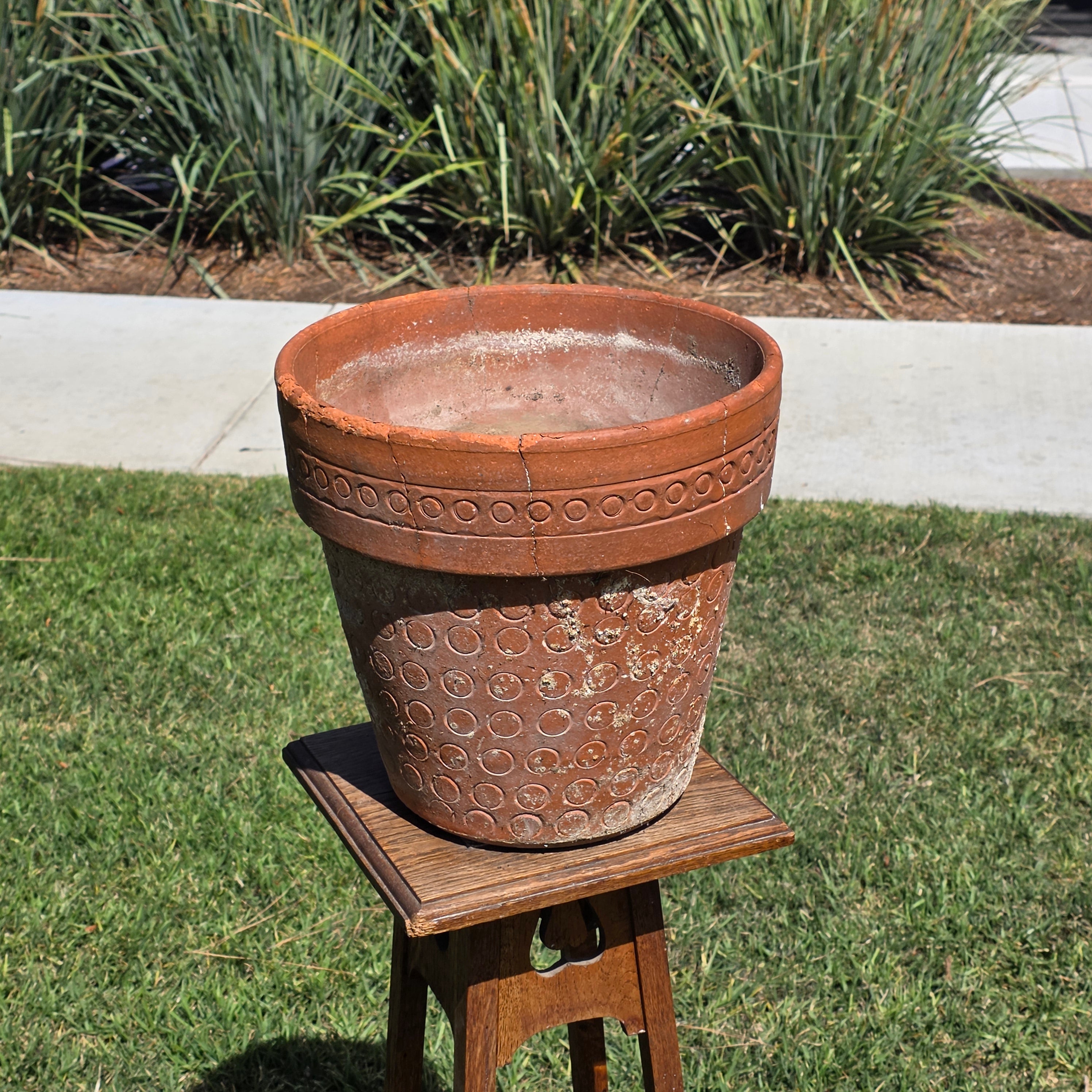 Vintage Terracotta Planter Mid Century Modern Circle Pattern Large 13" Pot Heavy