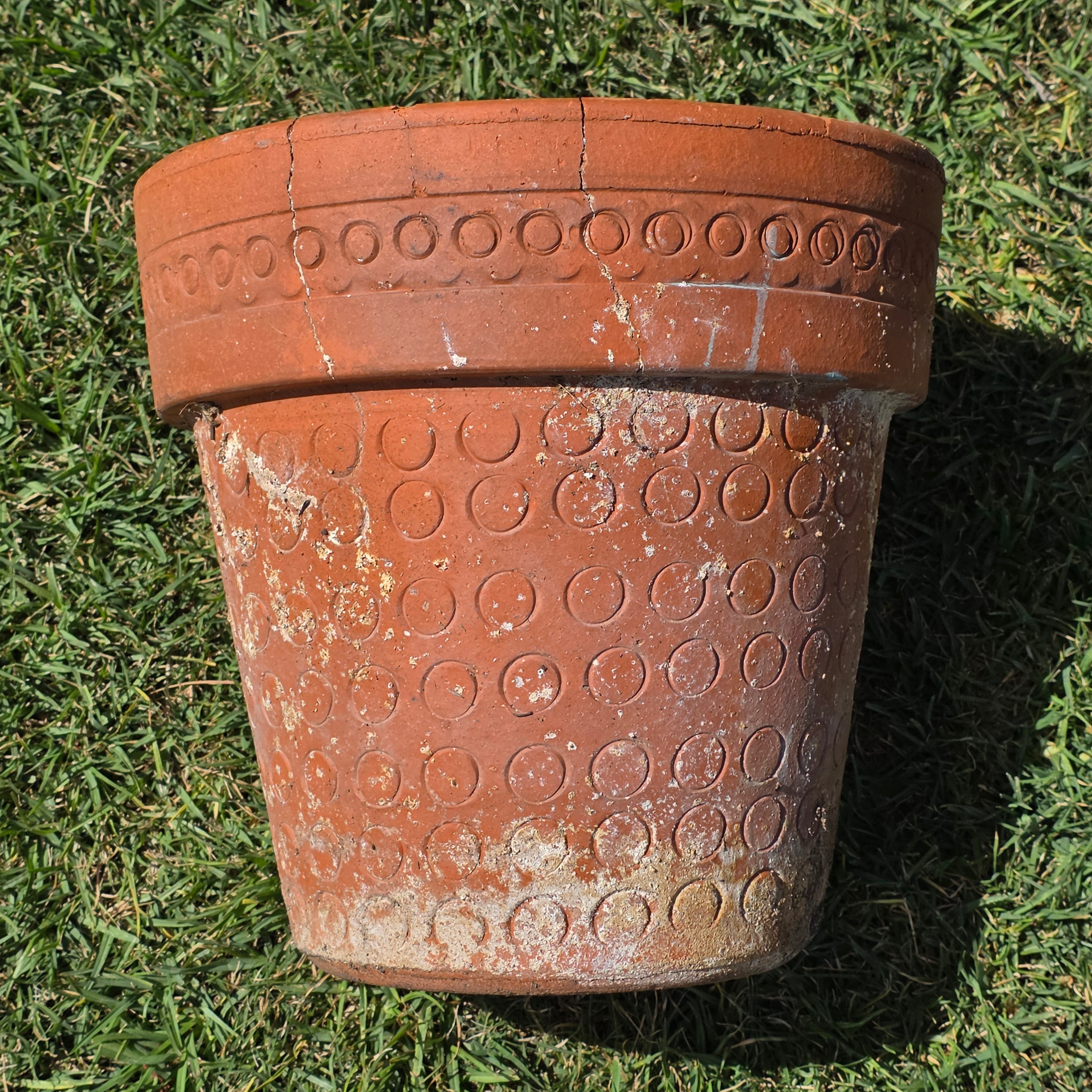 Vintage Terracotta Planter Mid Century Modern Circle Pattern Large 13" Pot Heavy
