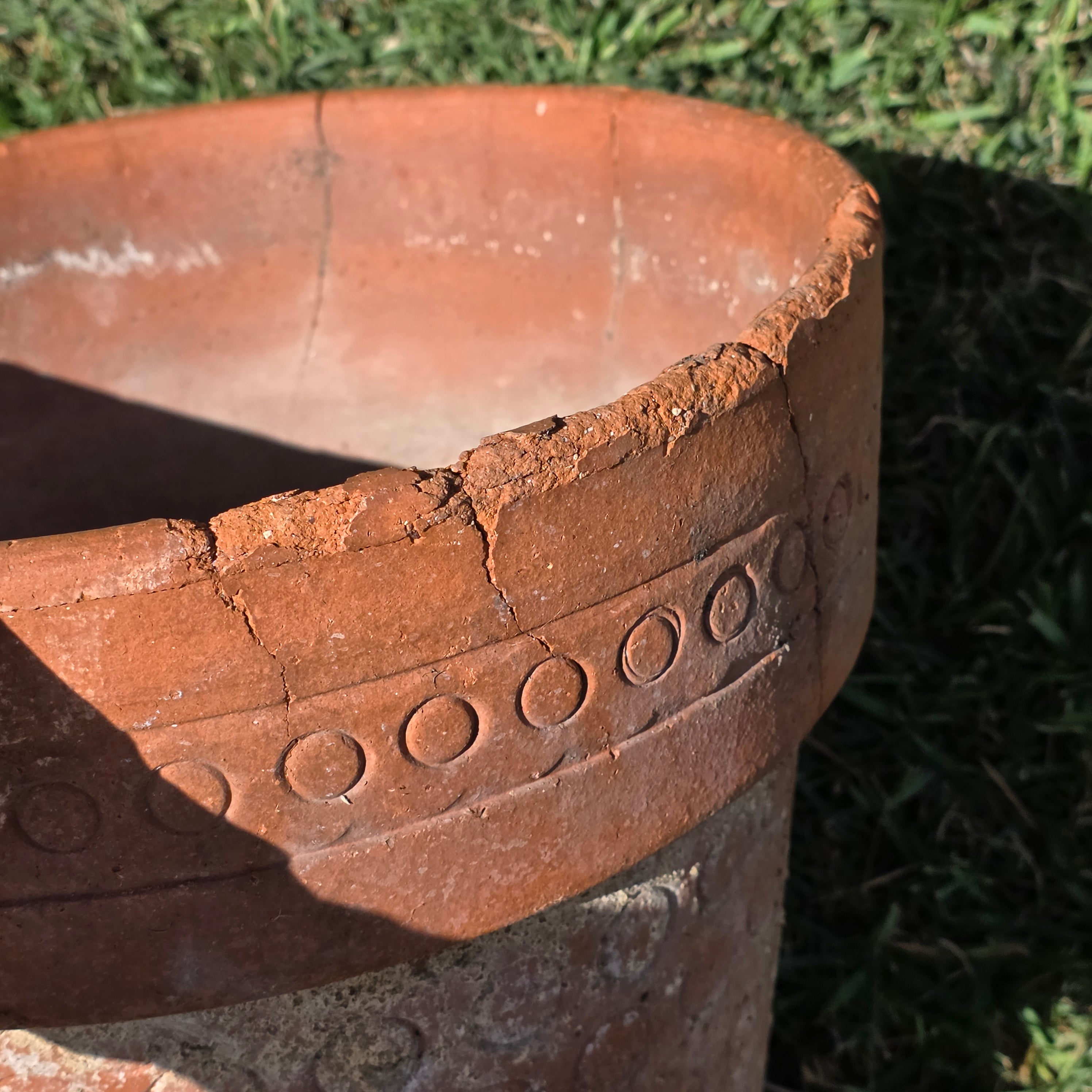 Vintage Terracotta Planter Mid Century Modern Circle Pattern Large 13" Pot Heavy