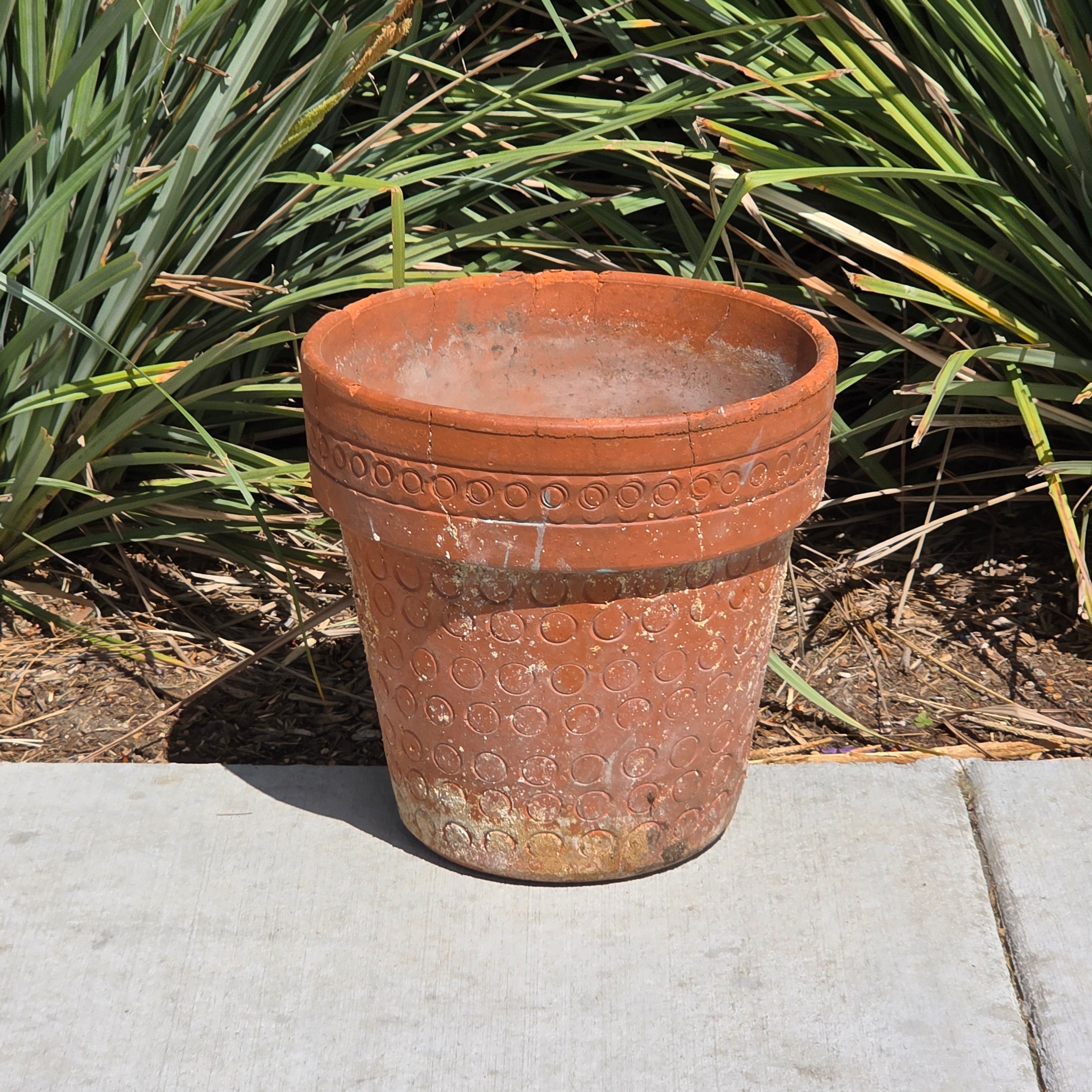 Vintage Terracotta Planter Mid Century Modern Circle Pattern Large 13" Pot Heavy