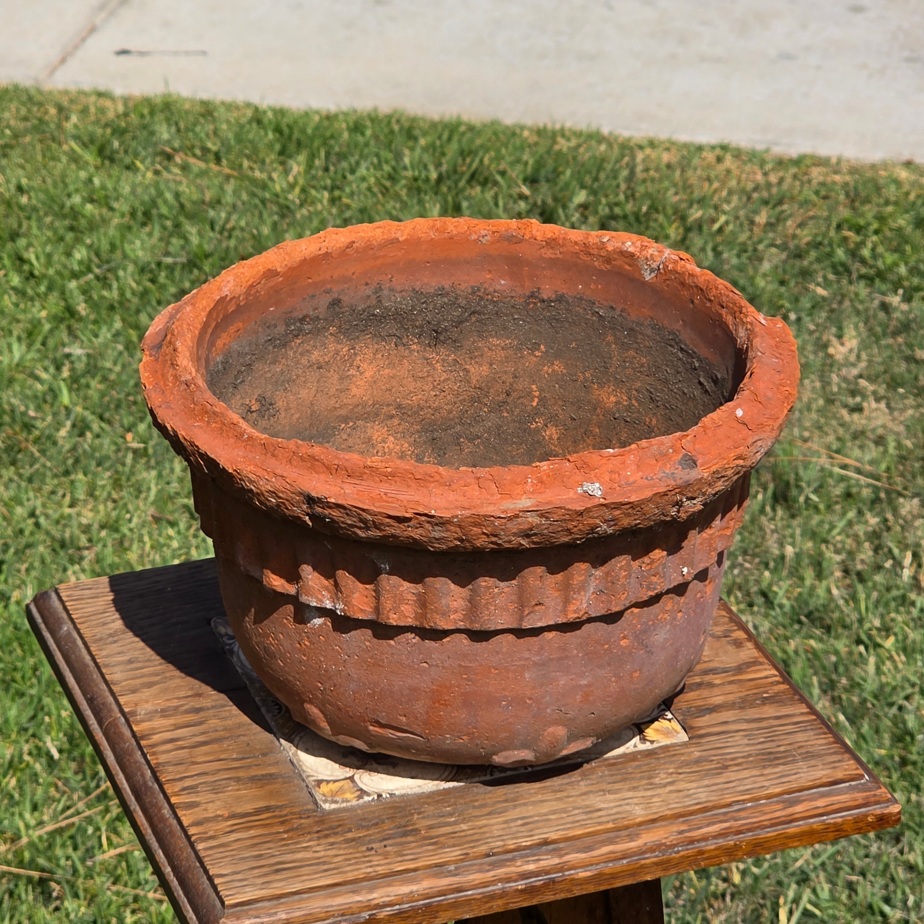Vintage Terracotta Hanging Planter Fluted Fleur de Lis Relief Aged 10" Garden