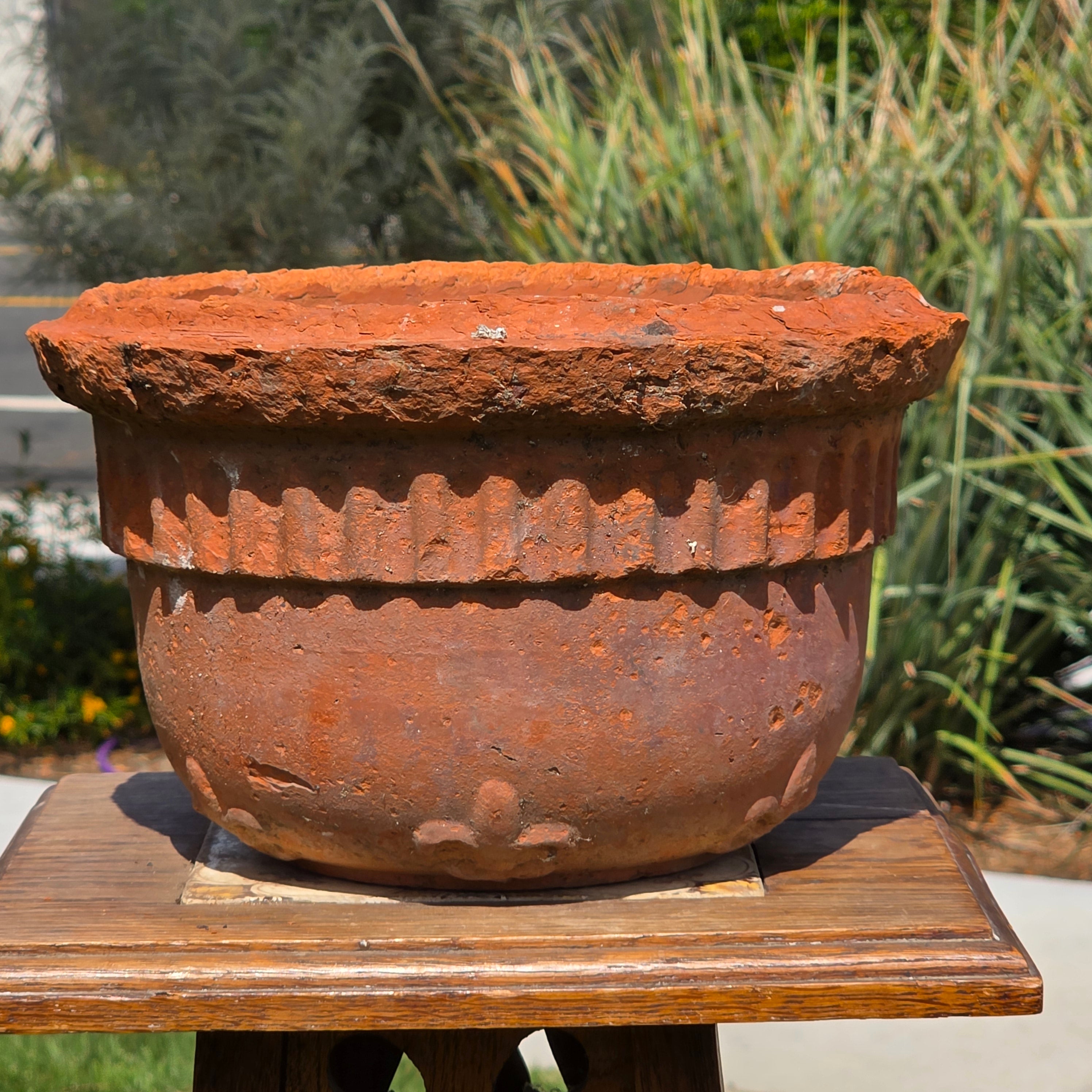Vintage Terracotta Hanging Planter Fluted Fleur de Lis Relief Aged 10" Garden