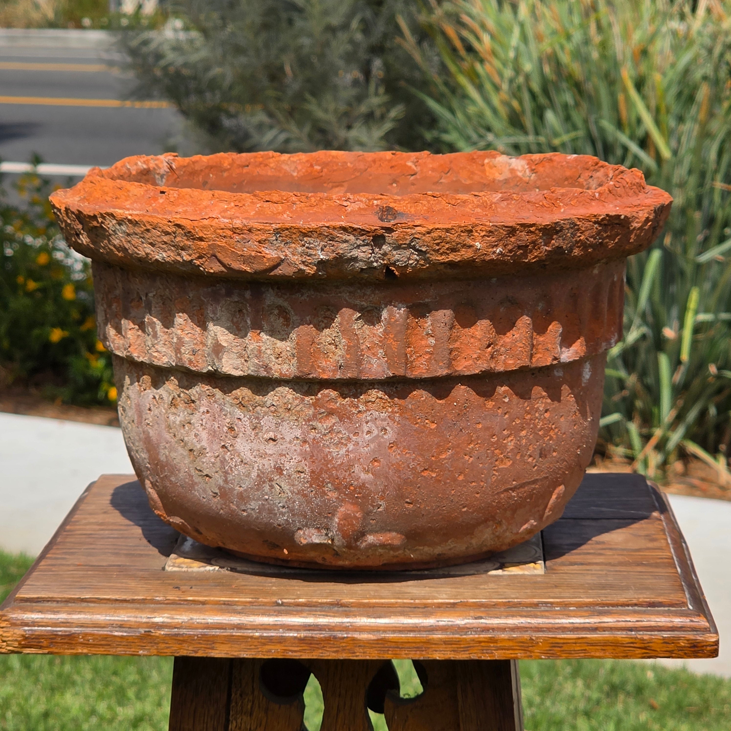 Vintage Terracotta Hanging Planter Fluted Fleur de Lis Relief Aged 10" Garden