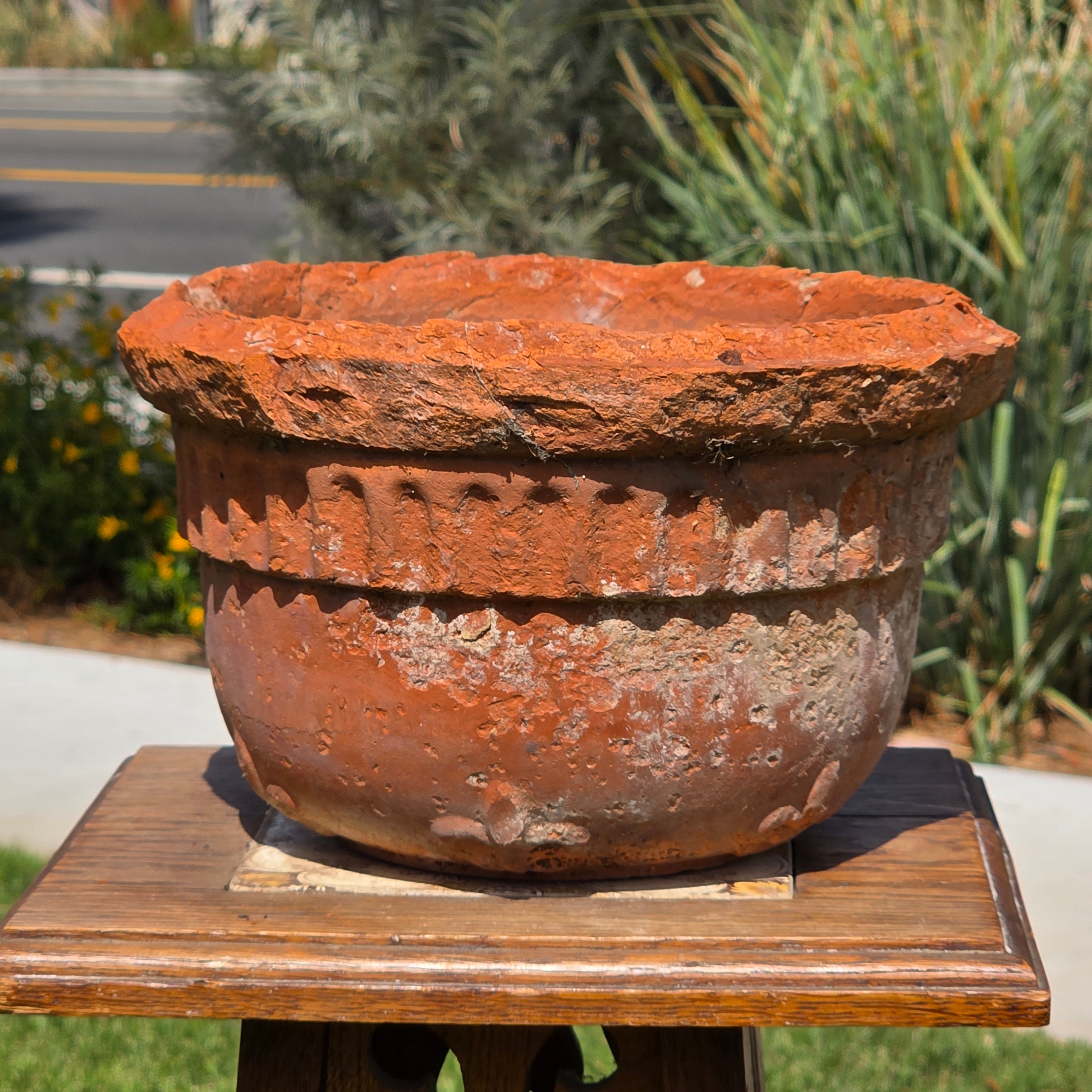 Vintage Terracotta Hanging Planter Fluted Fleur de Lis Relief Aged 10" Garden