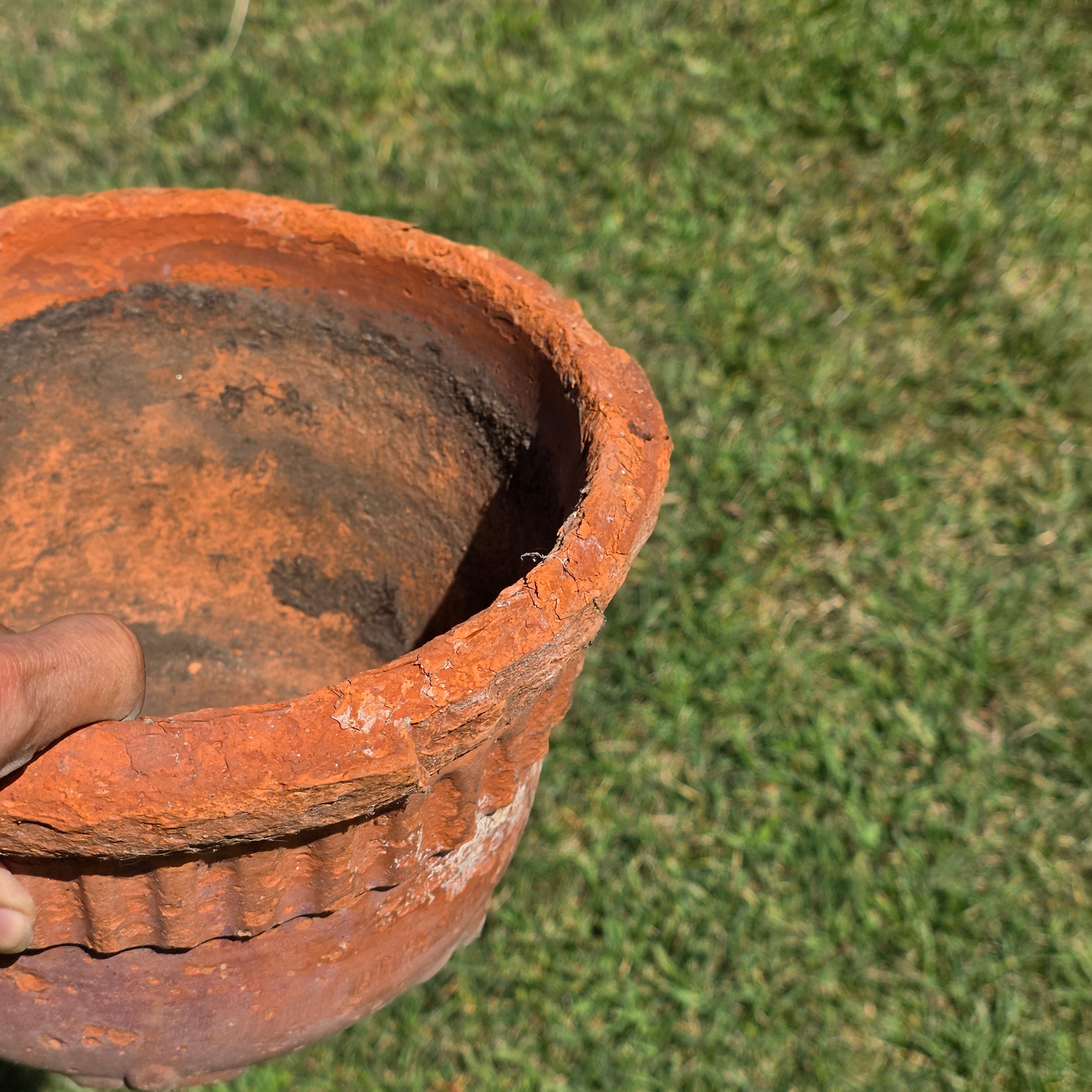 Vintage Terracotta Hanging Planter Fluted Fleur de Lis Relief Aged 10" Garden