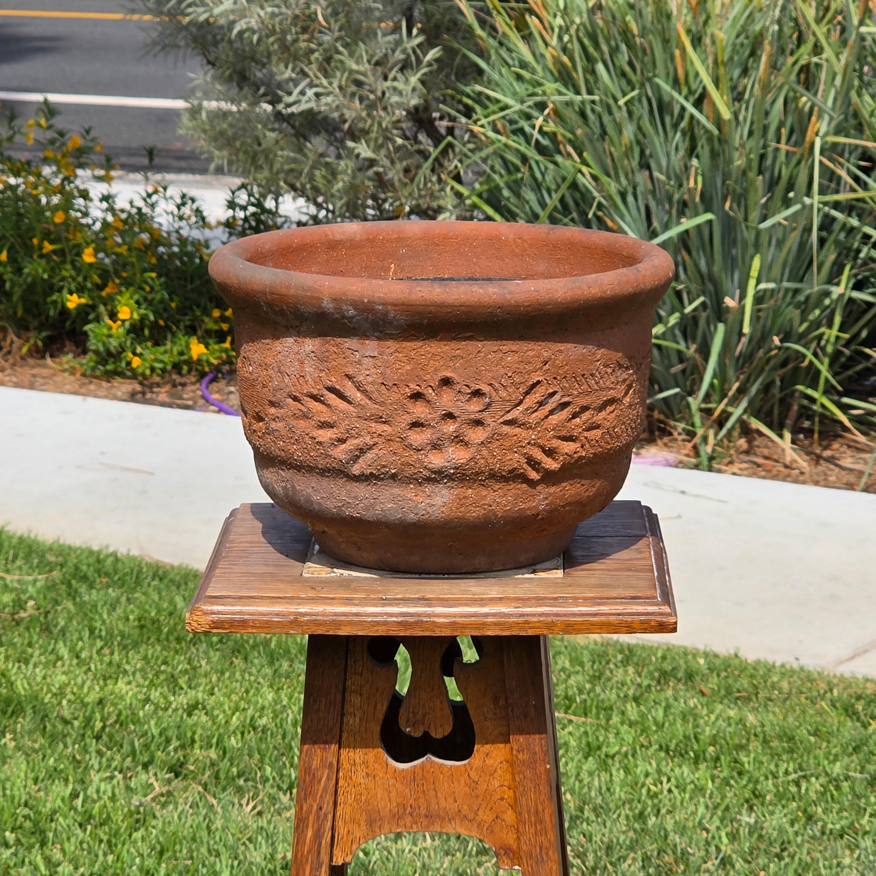 Vintage Terracotta Planter Hand Carved Floral Fern Pattern 11" Large Heavy Pot