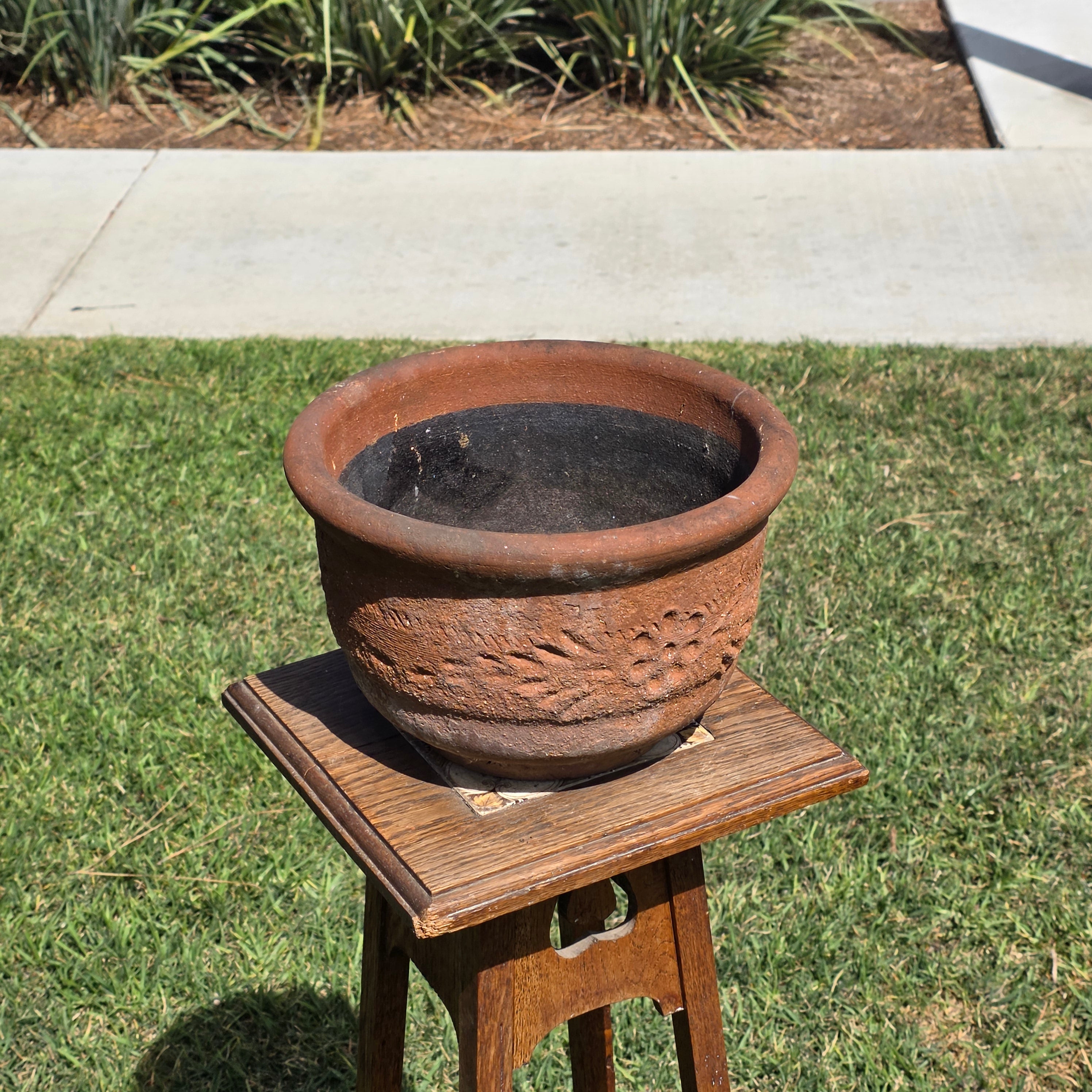 Vintage Terracotta Planter Hand Carved Floral Fern Pattern 11" Large Heavy Pot