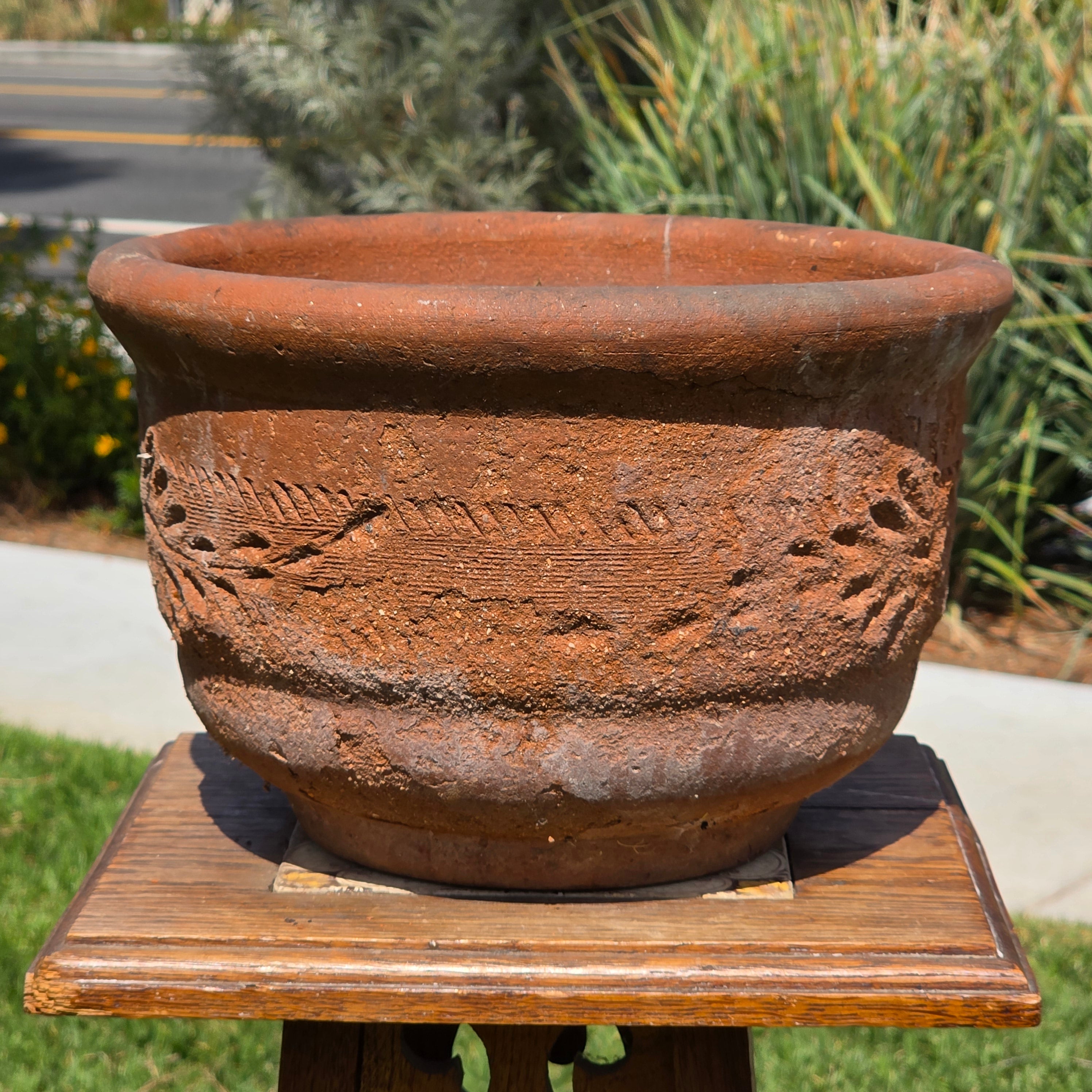 Vintage Terracotta Planter Hand Carved Floral Fern Pattern 11" Large Heavy Pot