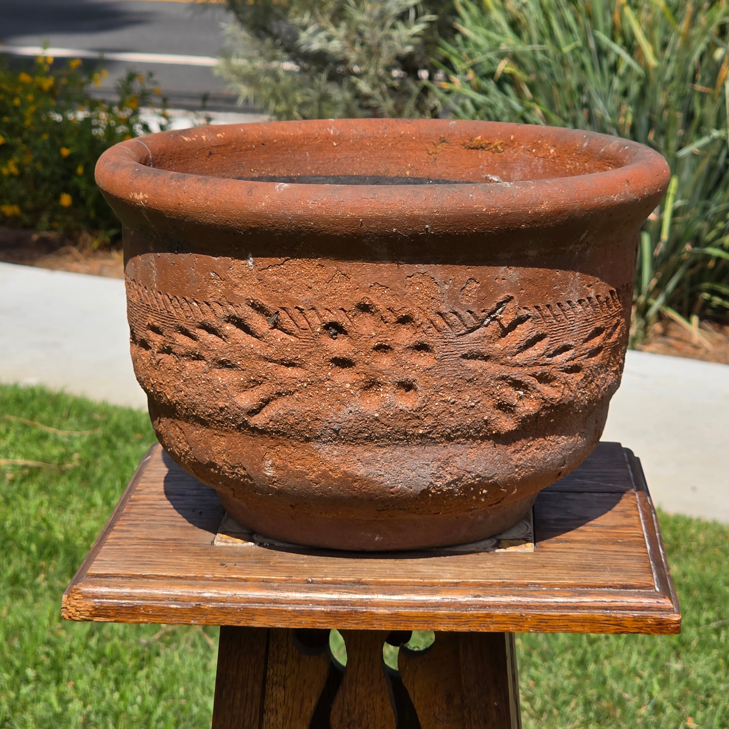 Vintage Terracotta Planter Hand Carved Floral Fern Pattern 11" Large Heavy Pot
