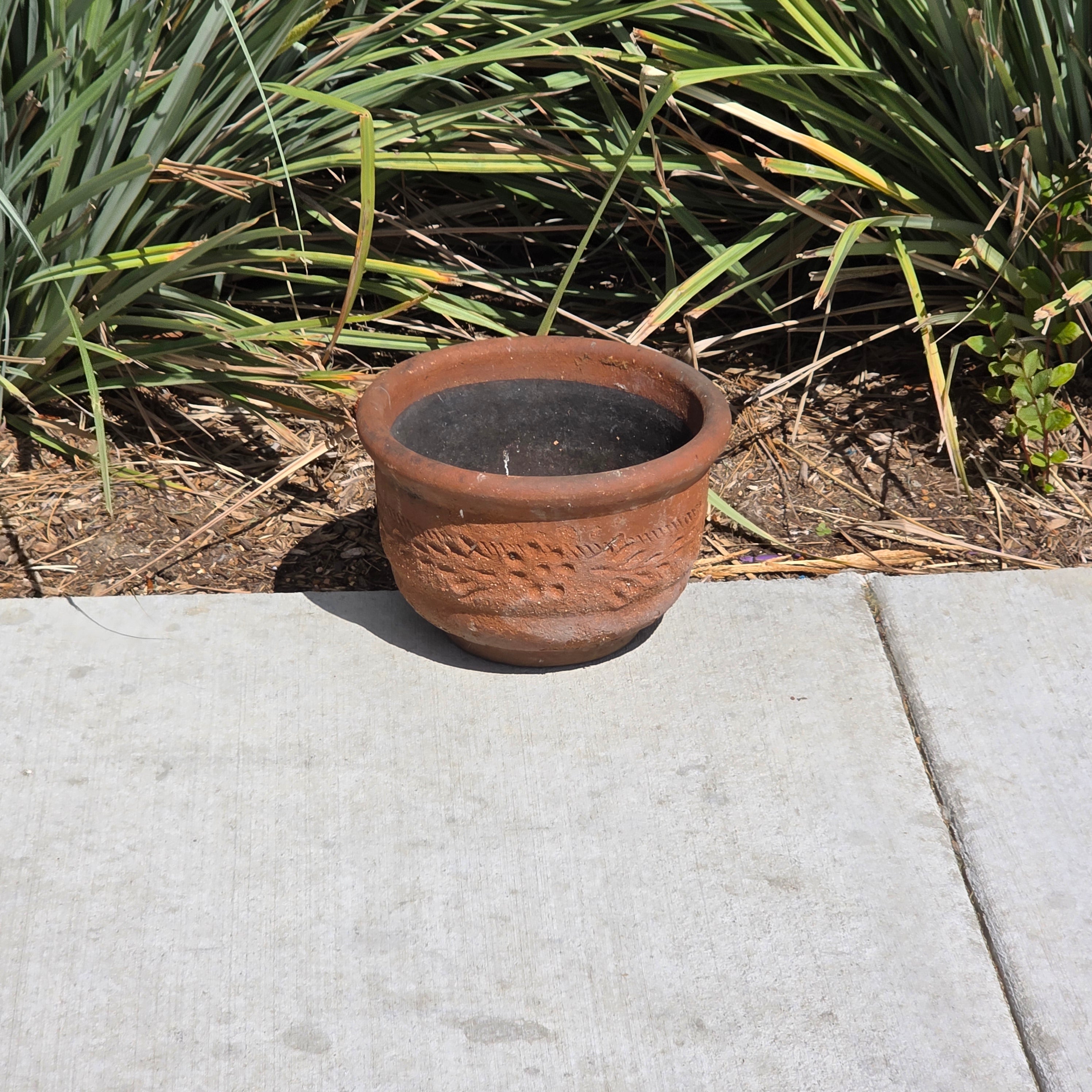 Vintage Terracotta Planter Hand Carved Floral Fern Pattern 11" Large Heavy Pot
