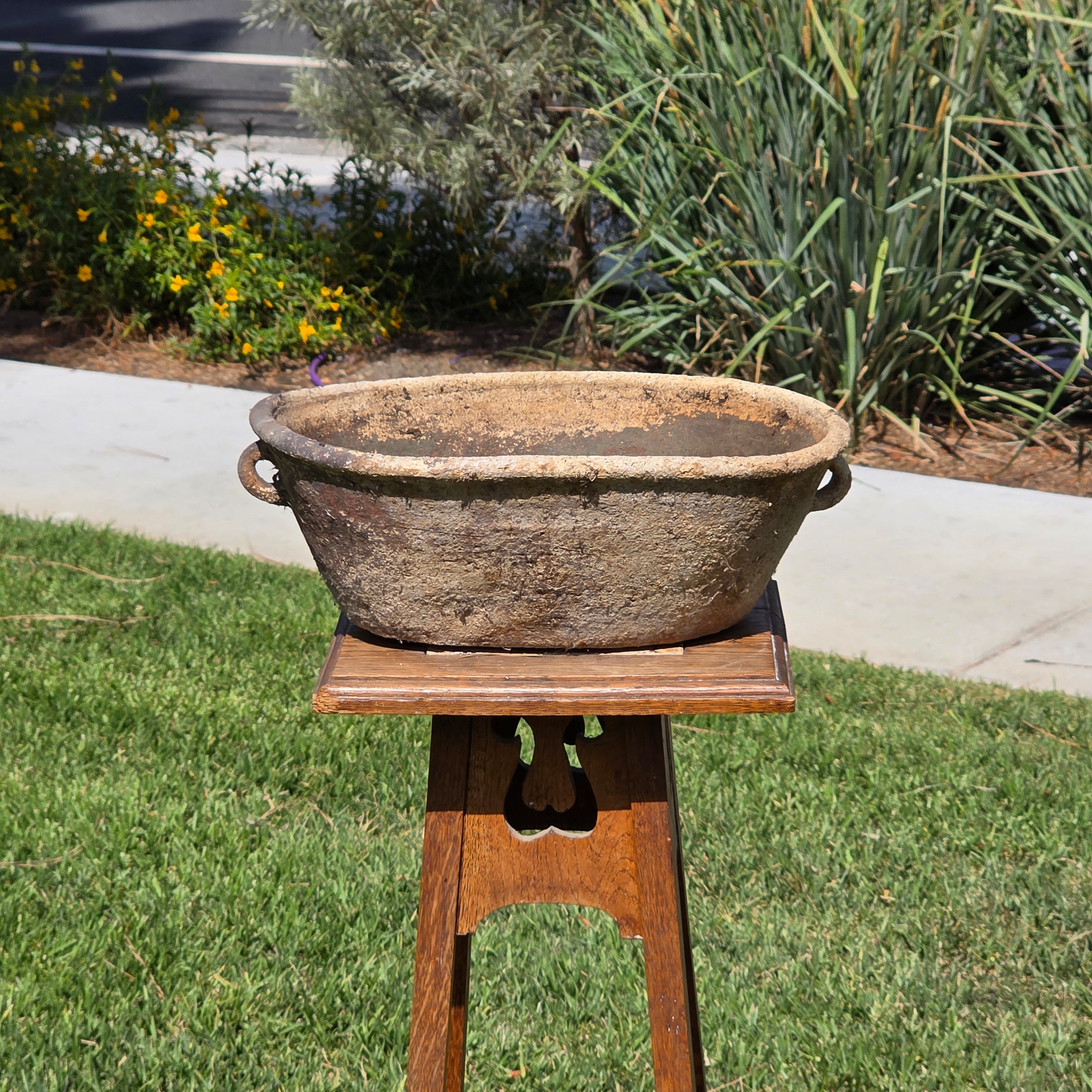 Vintage Primitive Terracotta Planter Oval Bowl Handle Wabi Sabi Organic Pot