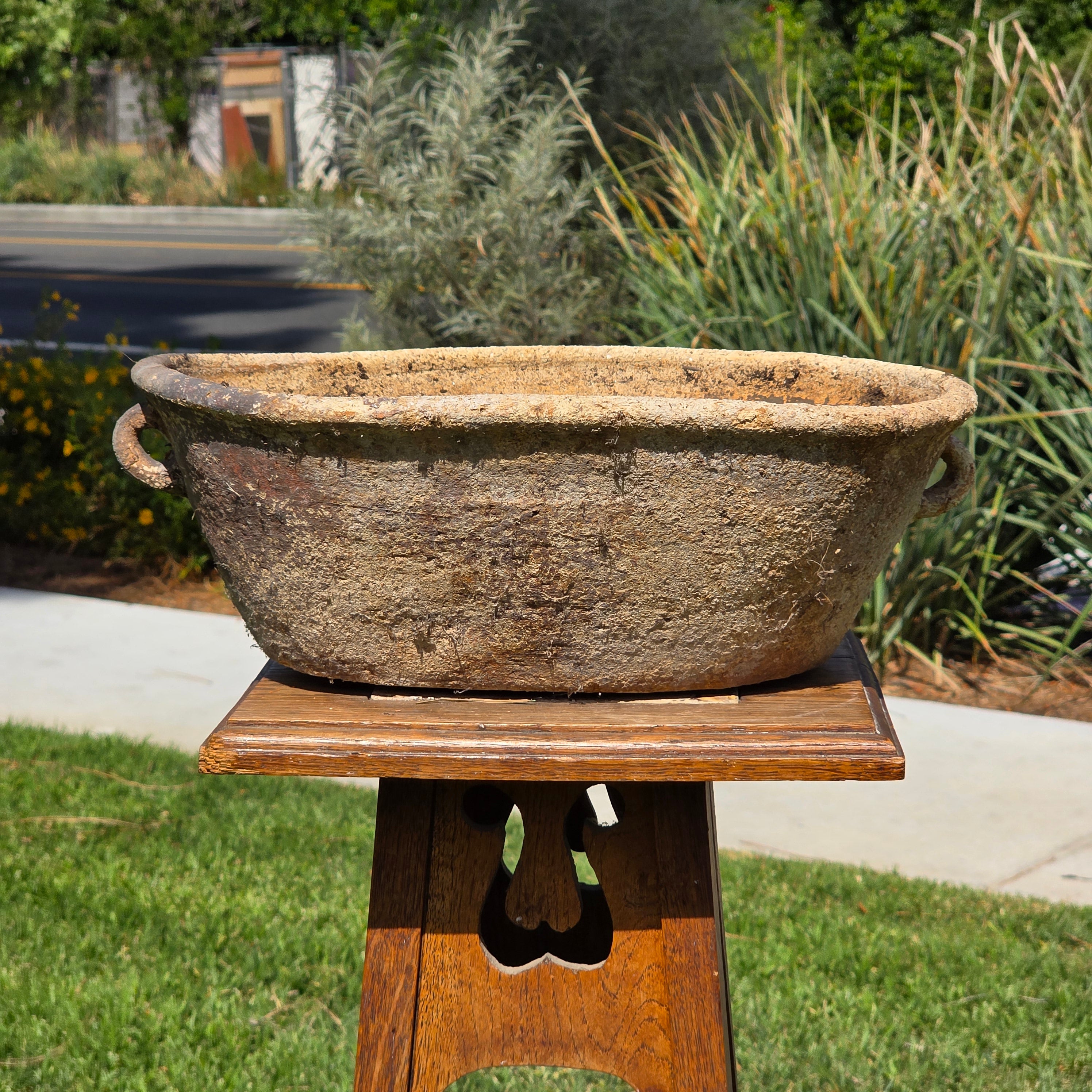 Vintage Primitive Terracotta Planter Oval Bowl Handle Wabi Sabi Organic Pot