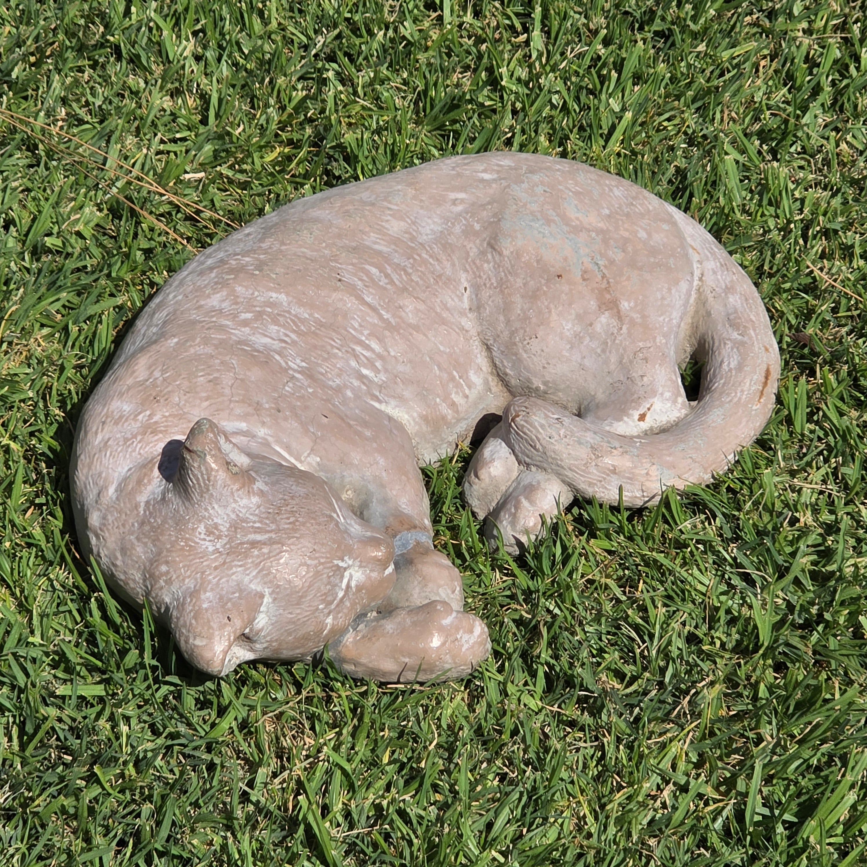 Vintage Sleeping Cat Garden Statue Heavy Concrete Cast Stone Pet Memorial 16"