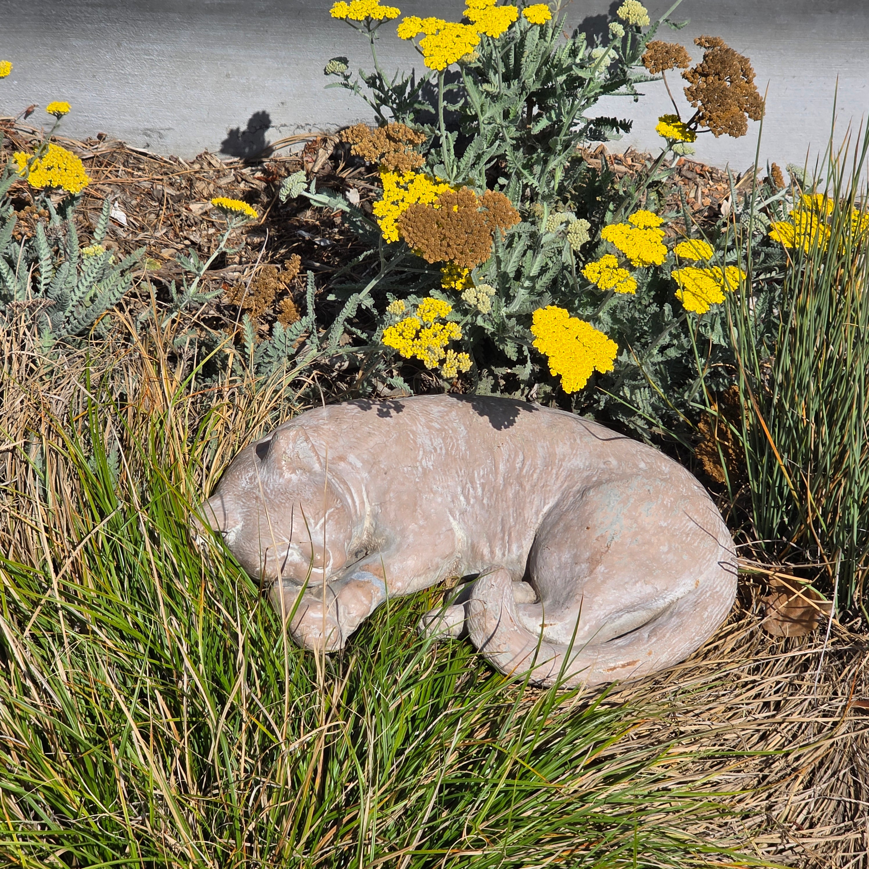 Vintage Sleeping Cat Garden Statue Heavy Concrete Cast Stone Pet Memorial 16"