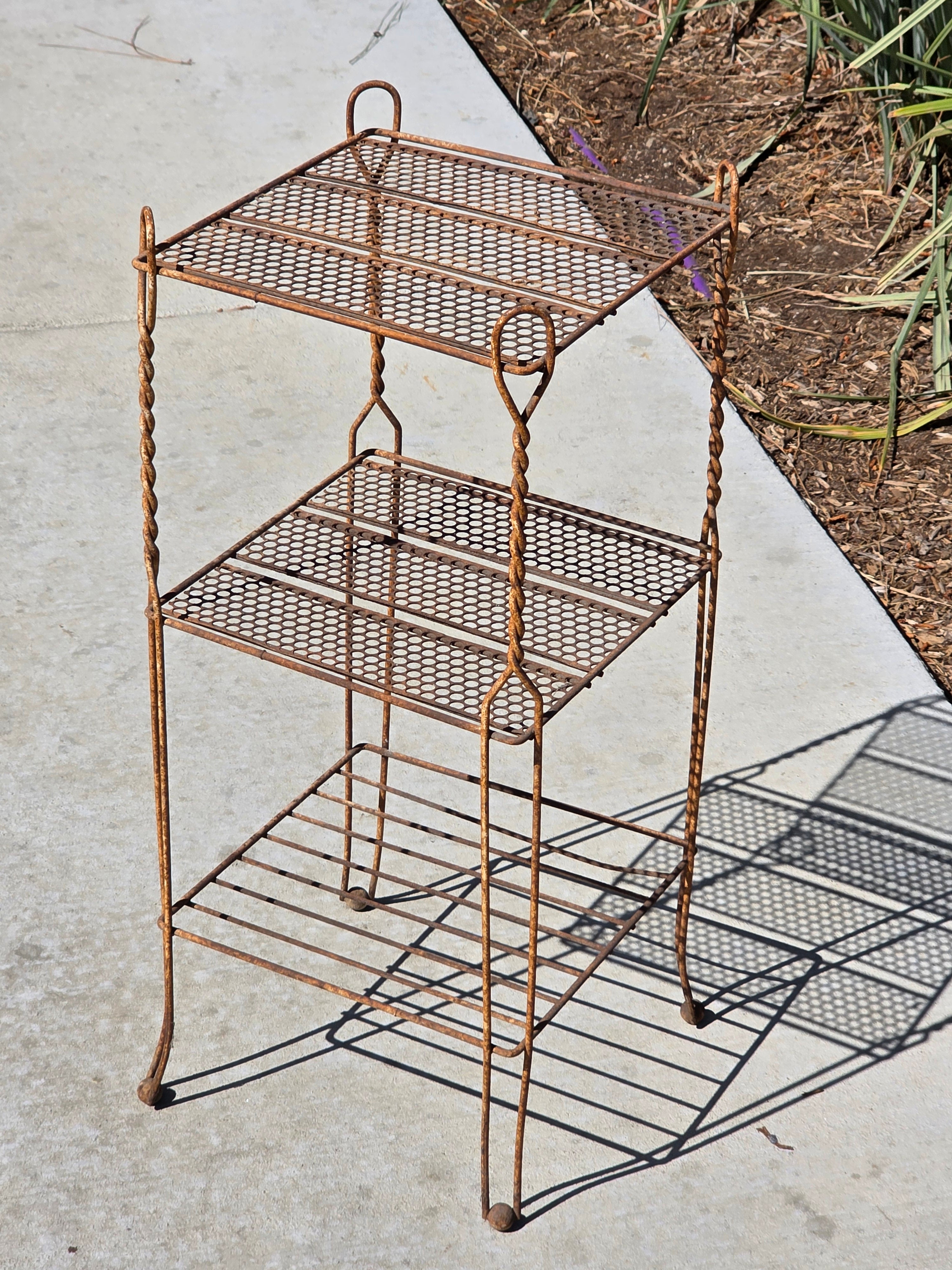 Vintage Wrought Iron Plant Stand 3 Tier Shabby Chic Rusty Shelf French Style