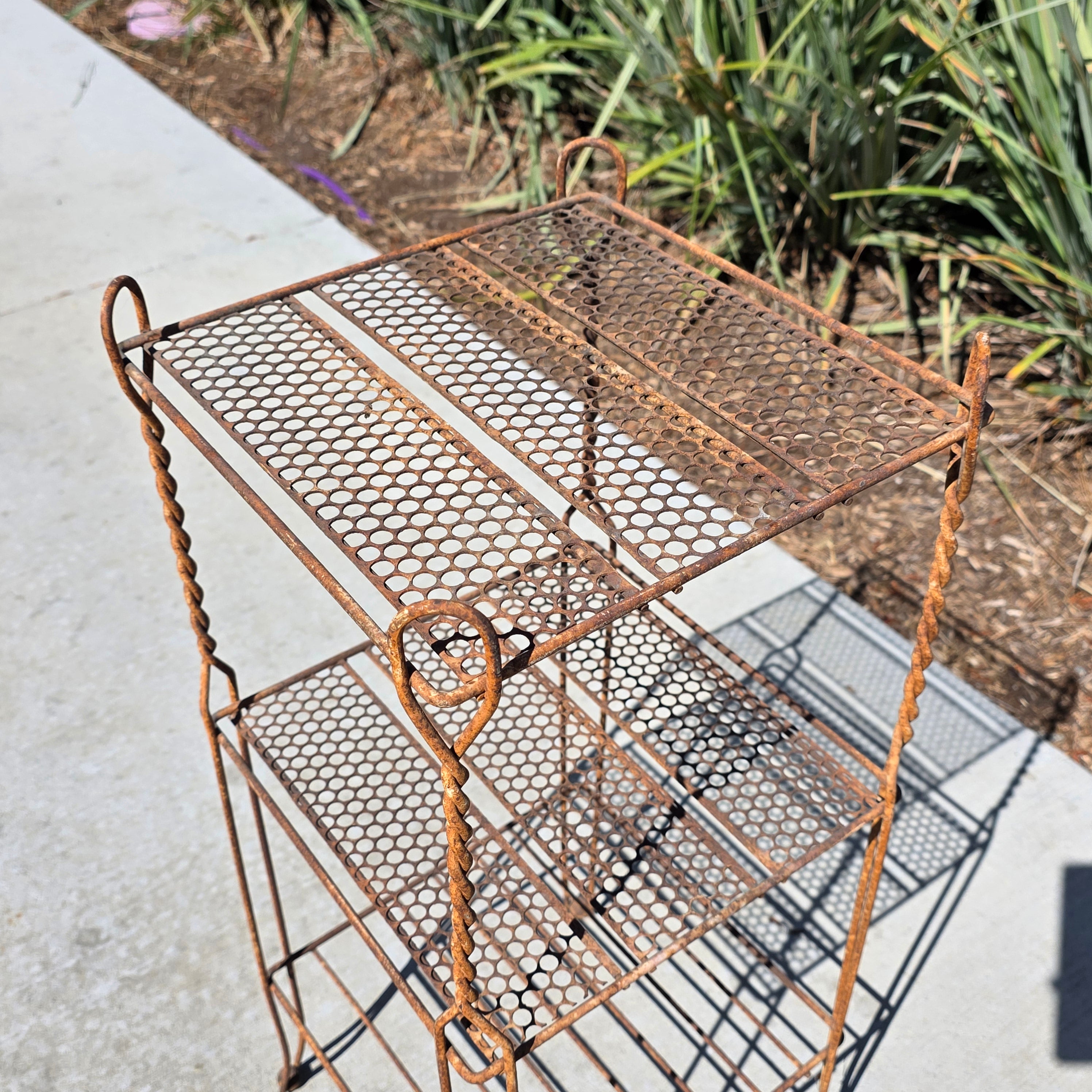 Vintage Wrought Iron Plant Stand 3 Tier Shabby Chic Rusty Shelf French Style