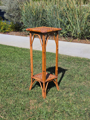 Vintage Bamboo Rattan Plant Stand 2 Tier Boho Wicker Flower Pot Holder Tiki