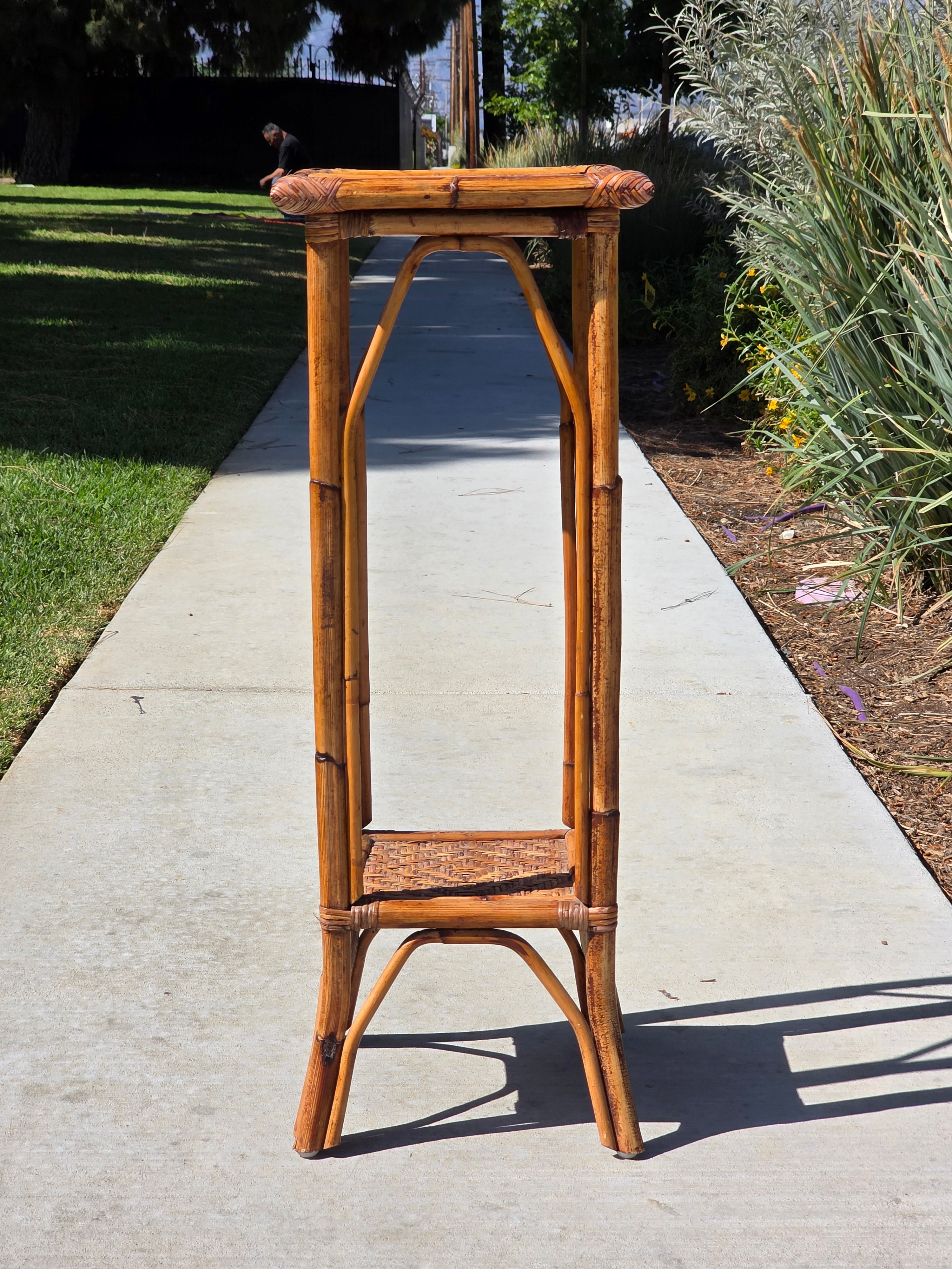 Vintage Bamboo Rattan Plant Stand 2 Tier Boho Wicker Flower Pot Holder Tiki
