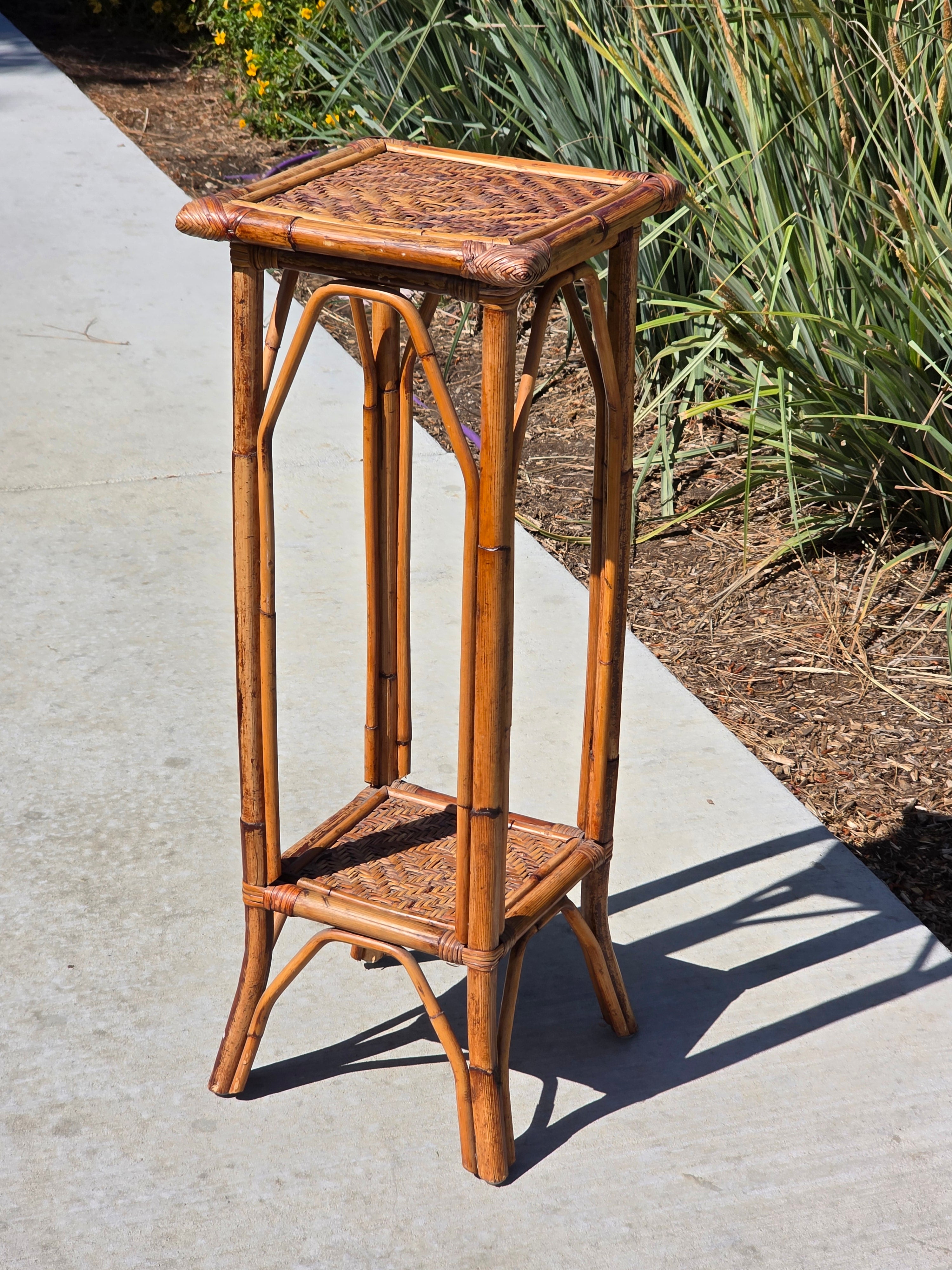 Vintage Bamboo Rattan Plant Stand 2 Tier Boho Wicker Flower Pot Holder Tiki