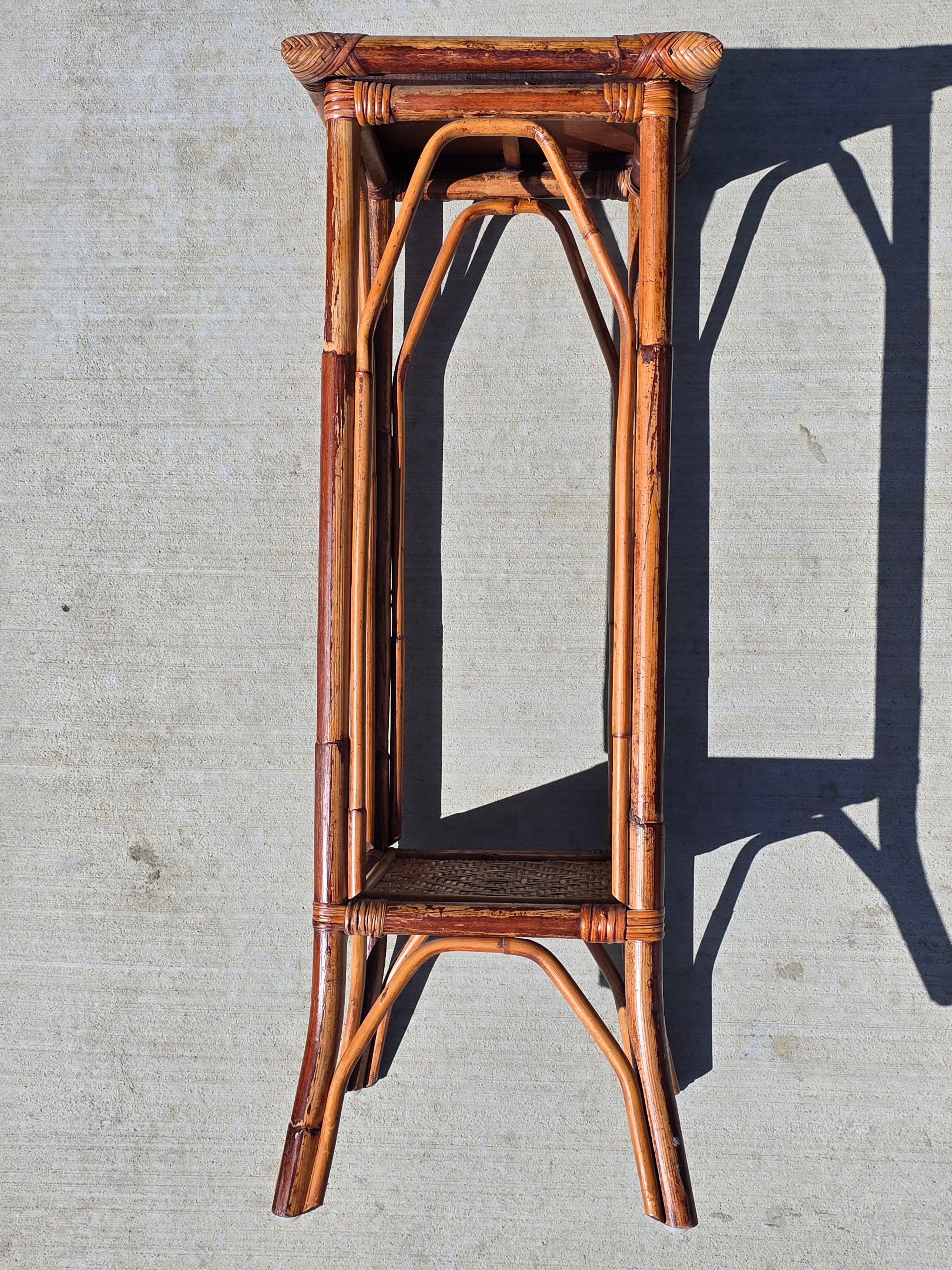 Vintage Bamboo Rattan Plant Stand 2 Tier Boho Wicker Flower Pot Holder Tiki