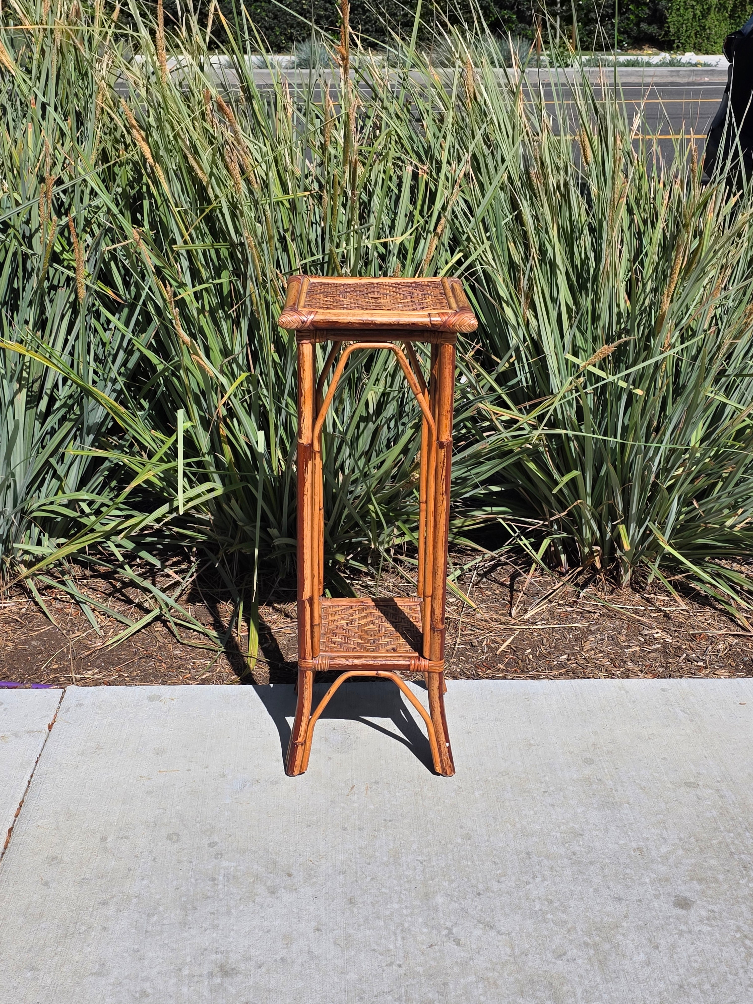 Vintage Bamboo Rattan Plant Stand 2 Tier Boho Wicker Flower Pot Holder Tiki