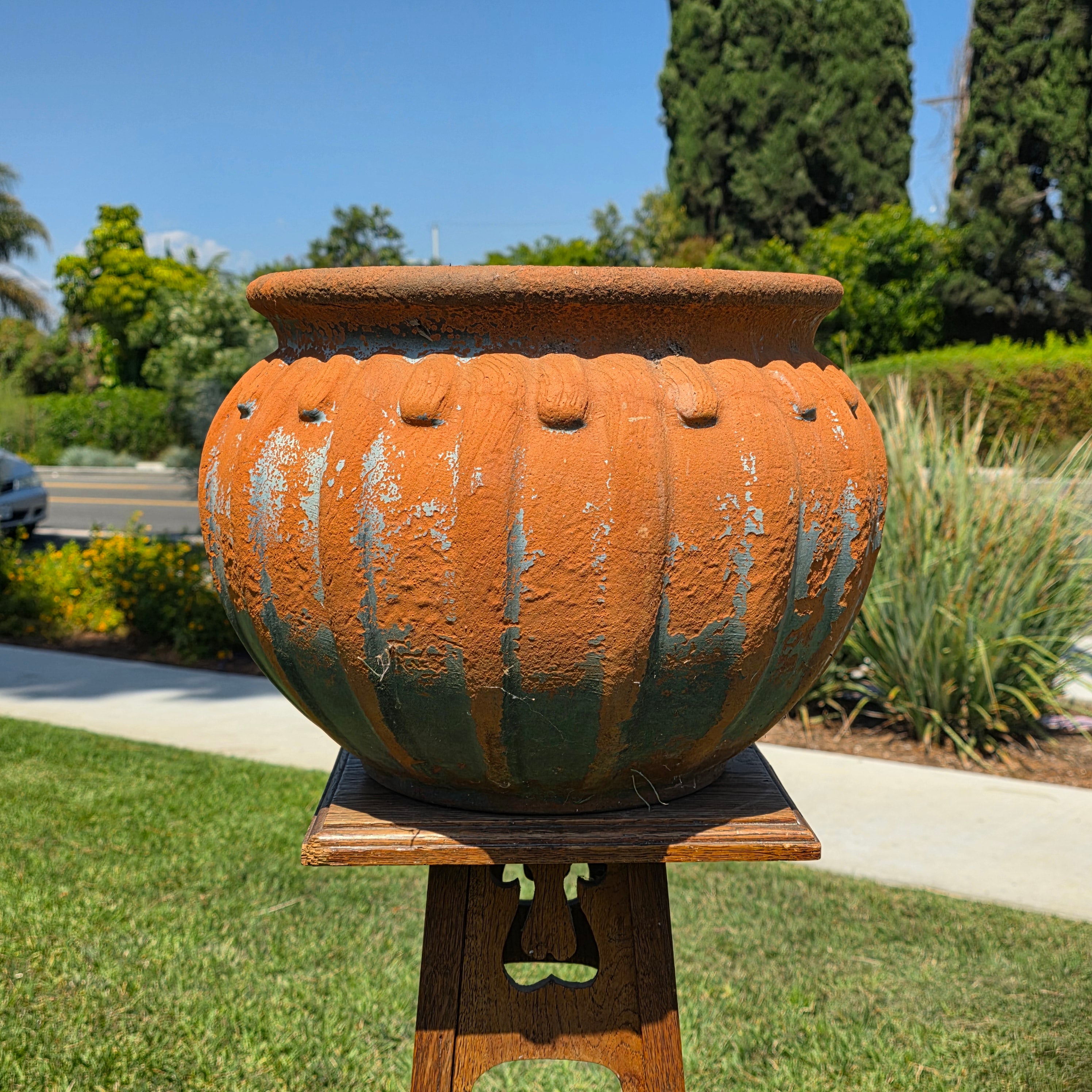 Vintage Stefani Brazil Terracotta Planter Large Ribbed Clay Pot Rustic 16"