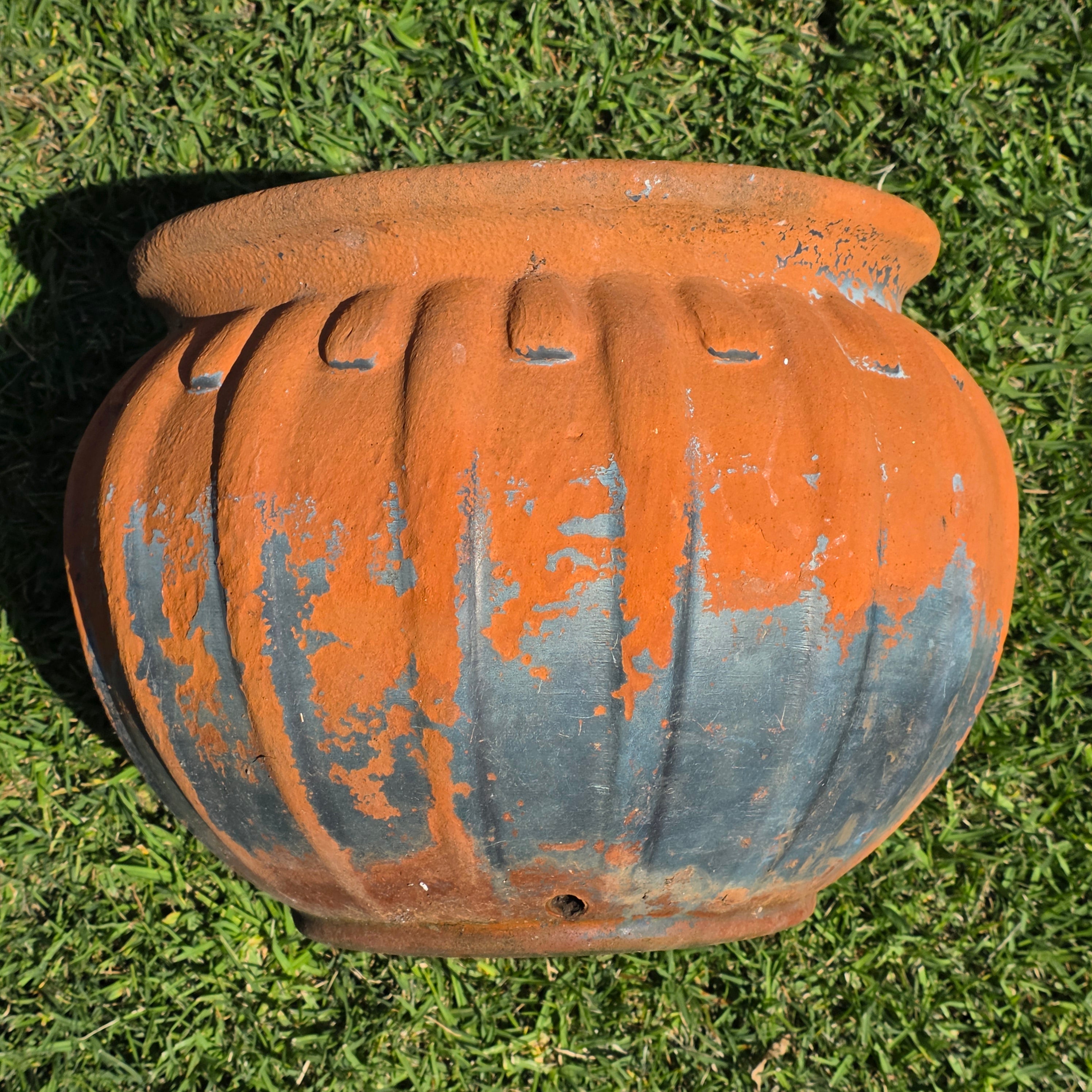 Vintage Stefani Brazil Terracotta Planter Large Ribbed Clay Pot Rustic 16"