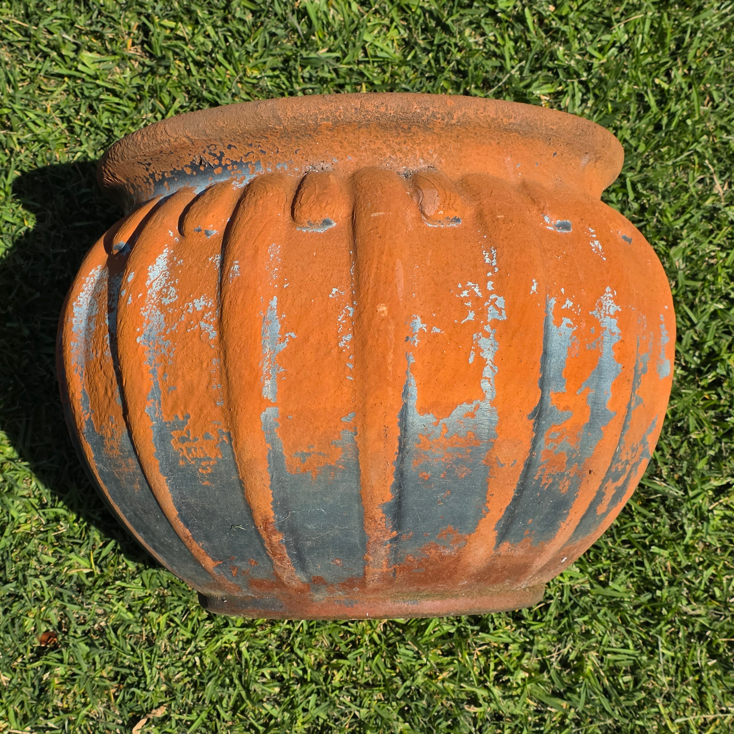 Vintage Stefani Brazil Terracotta Planter Large Ribbed Clay Pot Rustic 16"