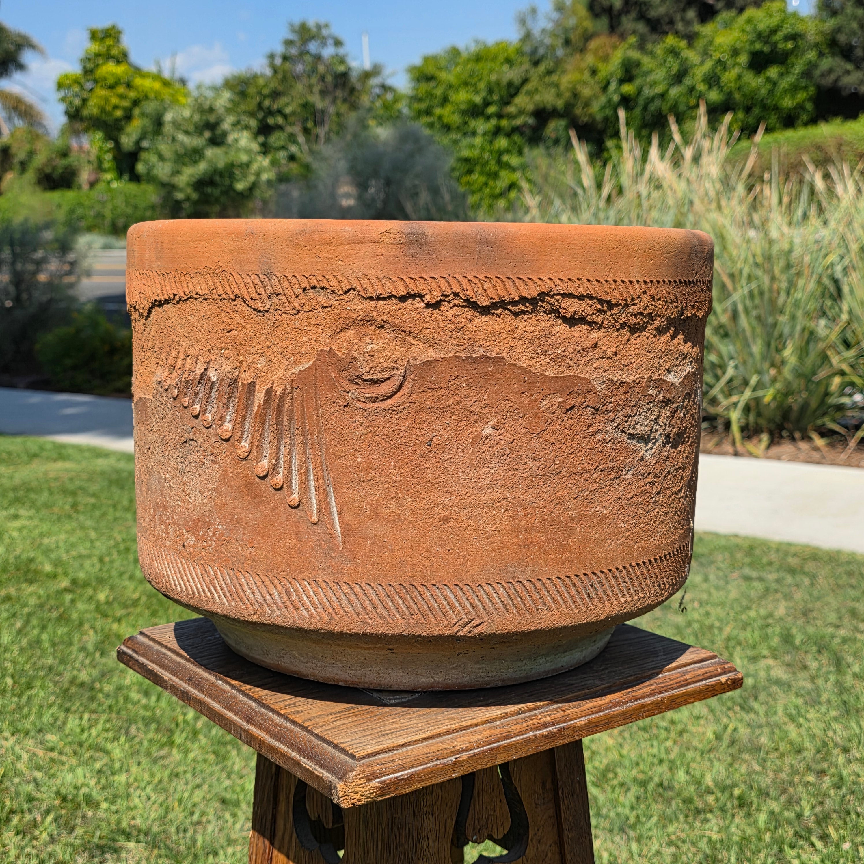 Vintage Sunburst Terracotta Planter Primitive Weathered Clay Pot Relic Garden 13