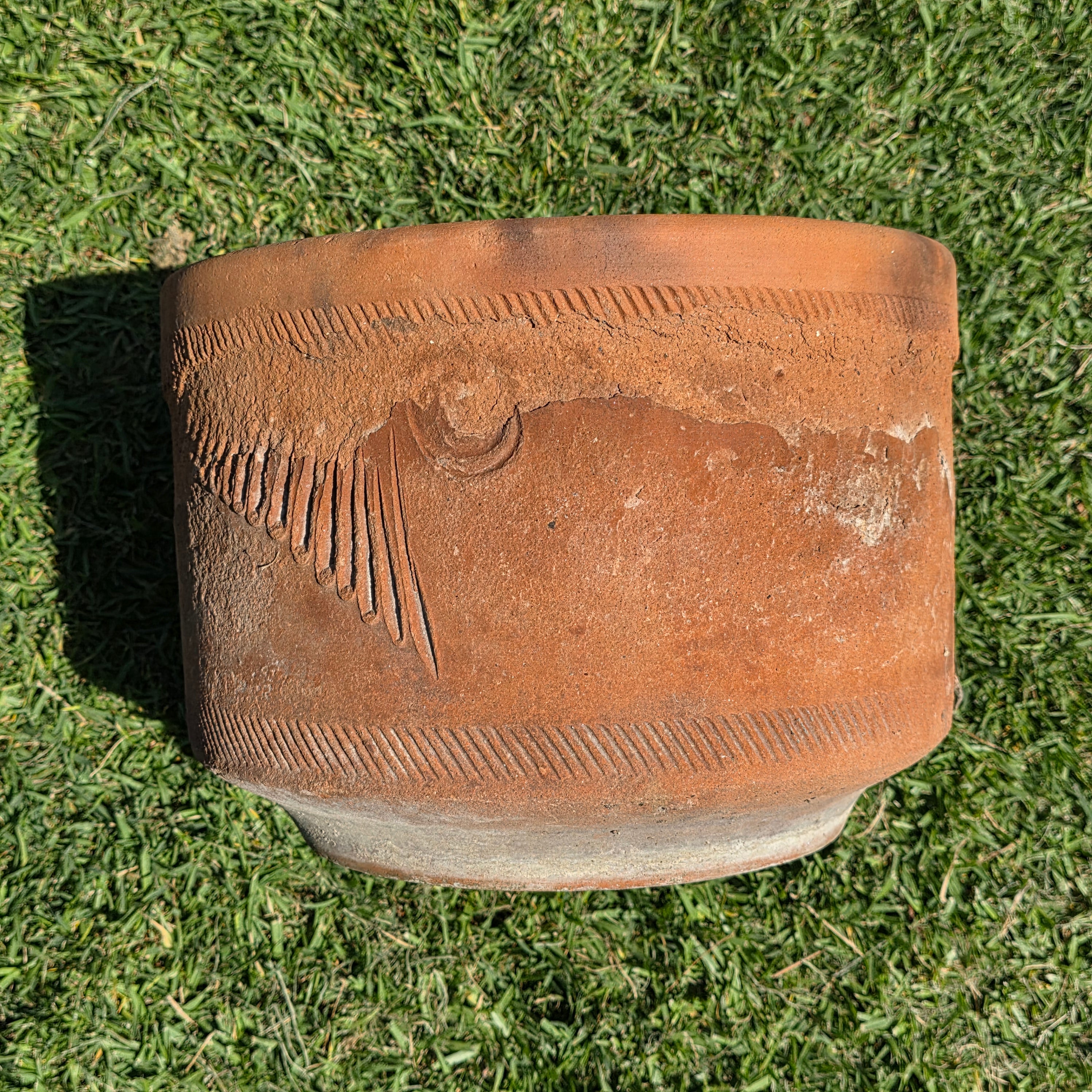 Vintage Sunburst Terracotta Planter Primitive Weathered Clay Pot Relic Garden 13