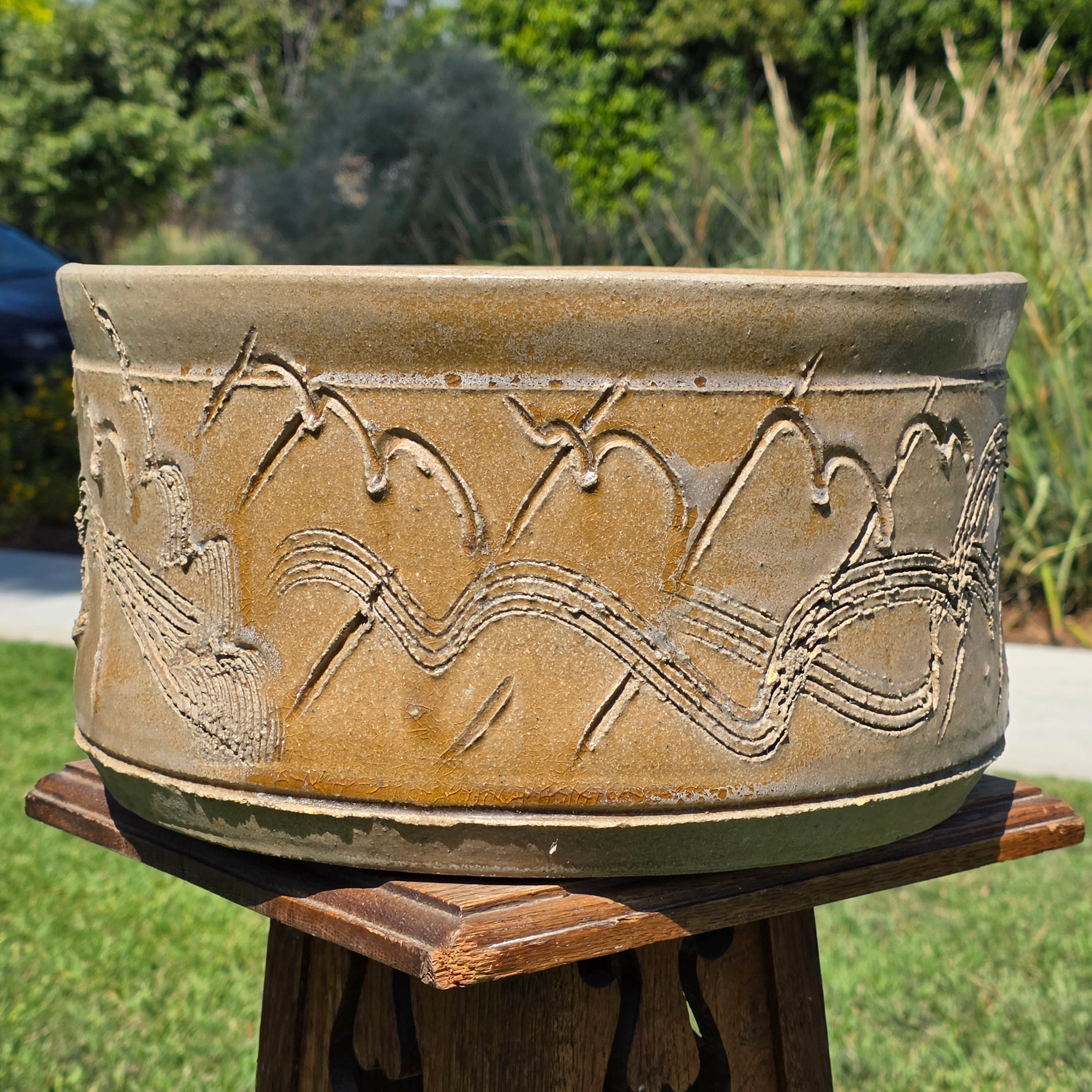 Vintage Studio Pottery Planter Brutalist Etched Olive Tan Stoneware Bowl 13"