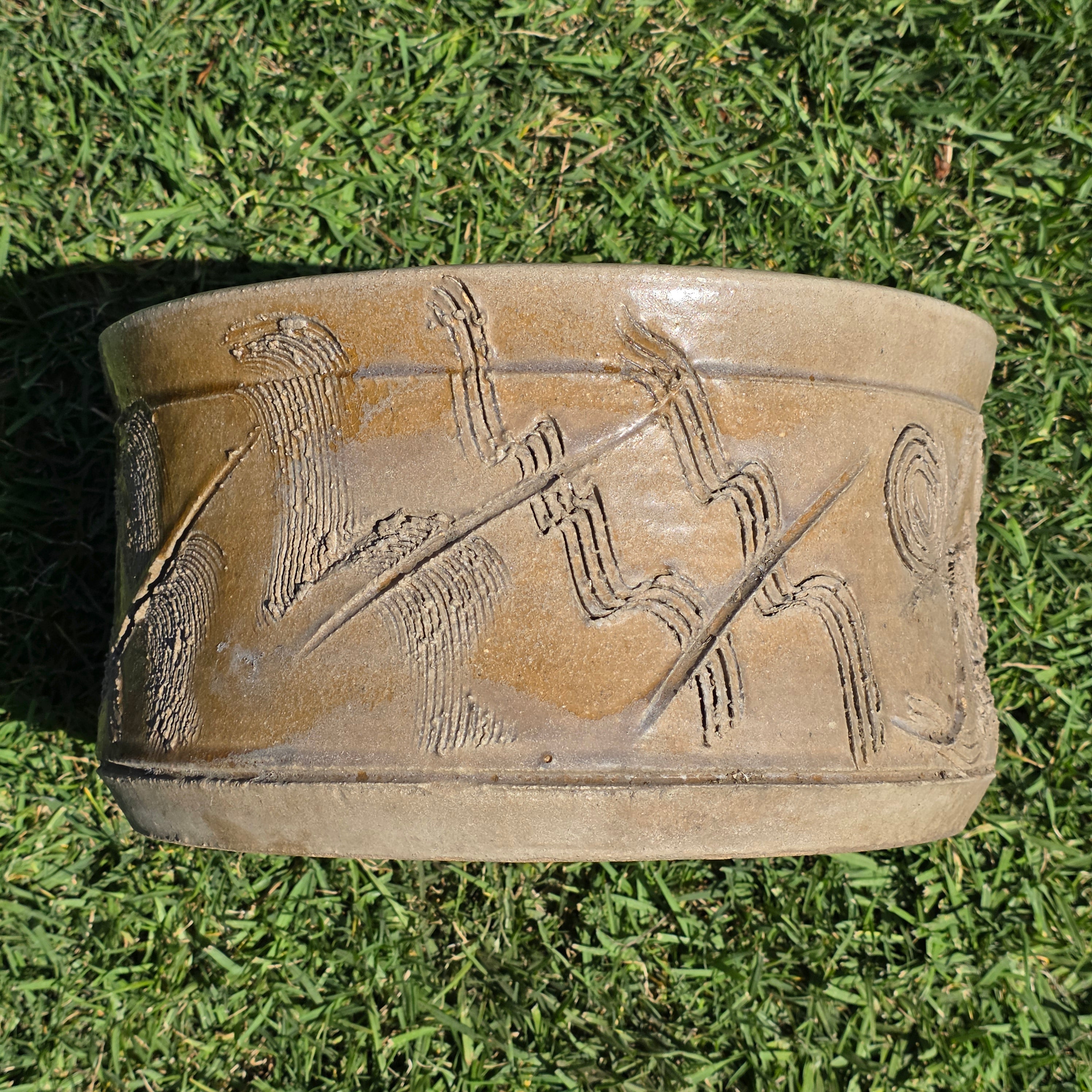 Vintage Studio Pottery Planter Brutalist Etched Olive Tan Stoneware Bowl 13"