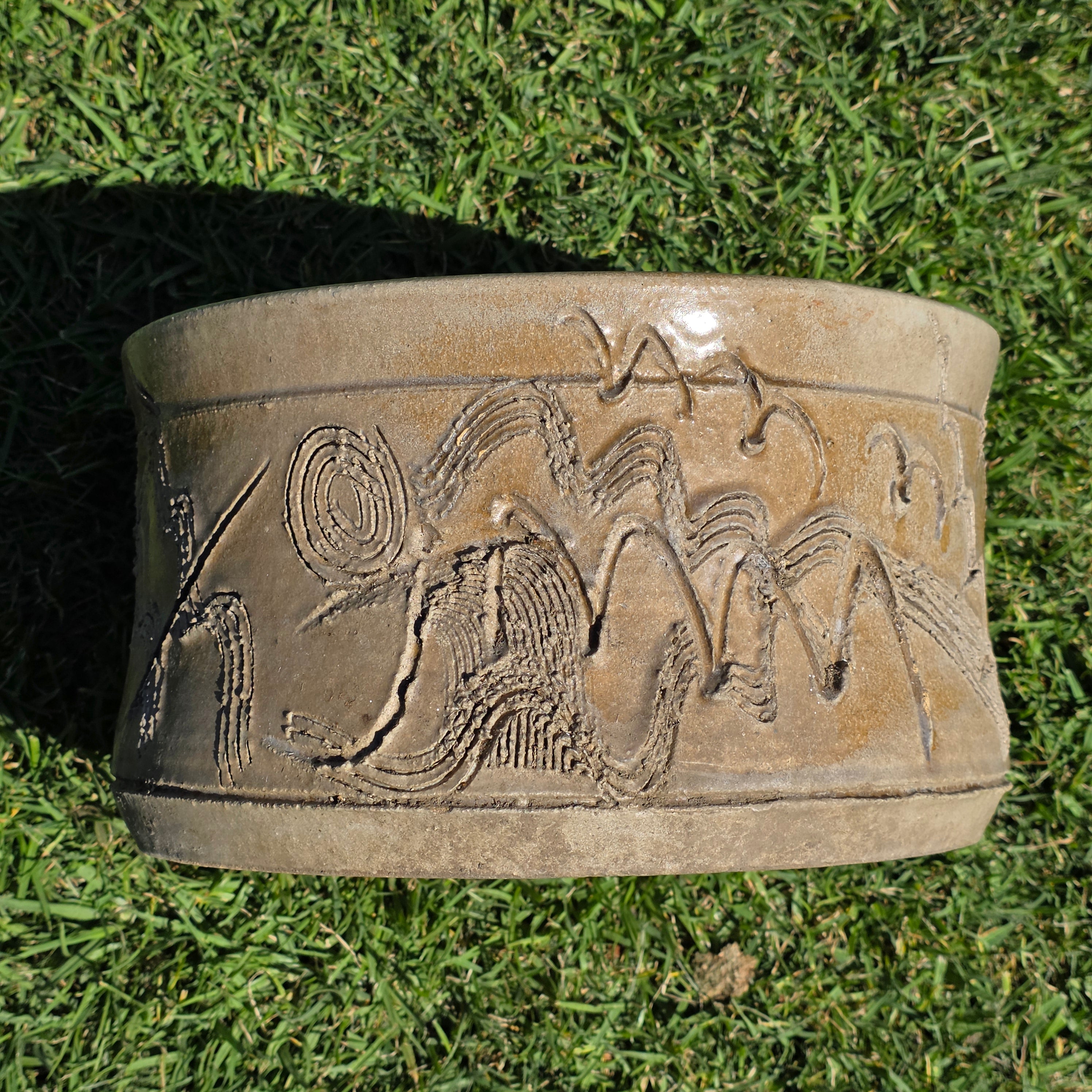 Vintage Studio Pottery Planter Brutalist Etched Olive Tan Stoneware Bowl 13"