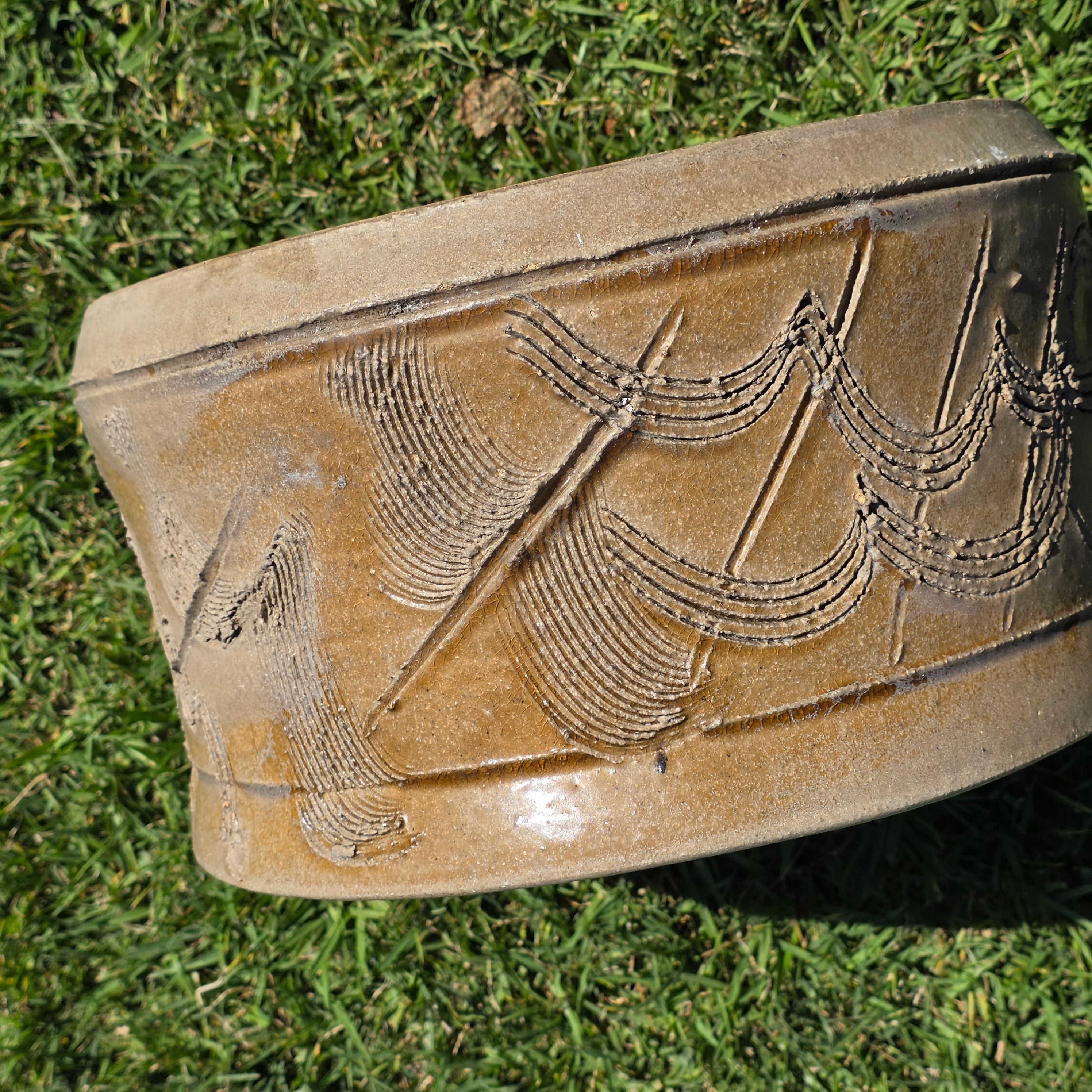 Vintage Studio Pottery Planter Brutalist Etched Olive Tan Stoneware Bowl 13"