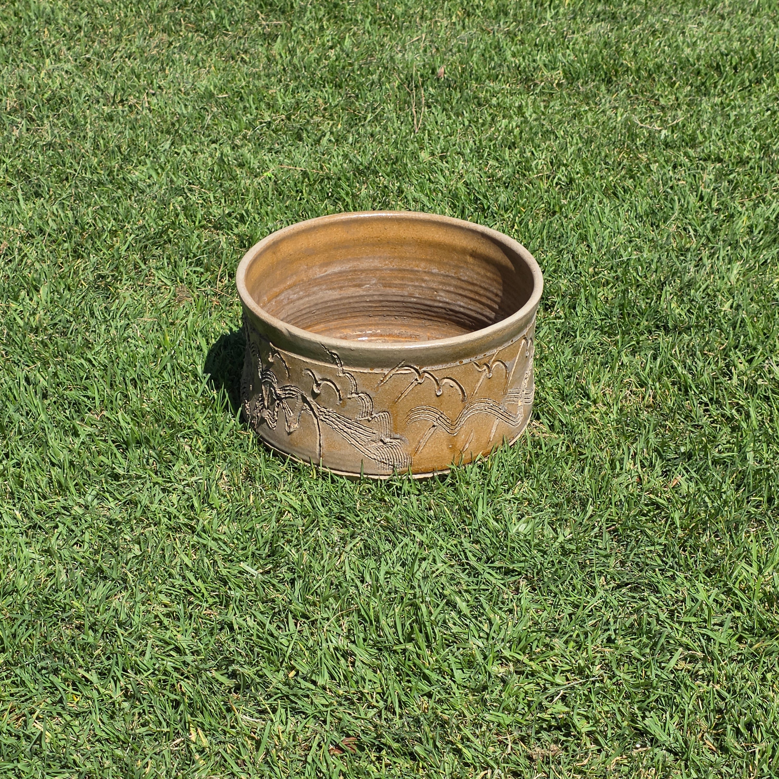 Vintage Studio Pottery Planter Brutalist Etched Olive Tan Stoneware Bowl 13"