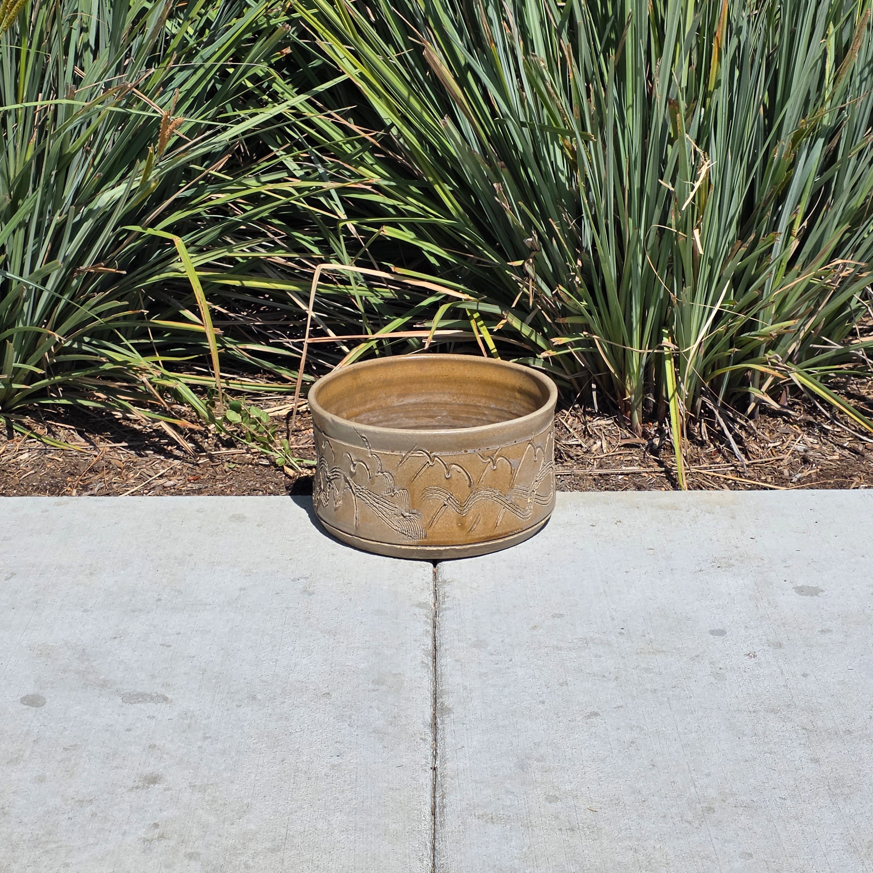 Vintage Studio Pottery Planter Brutalist Etched Olive Tan Stoneware Bowl 13"