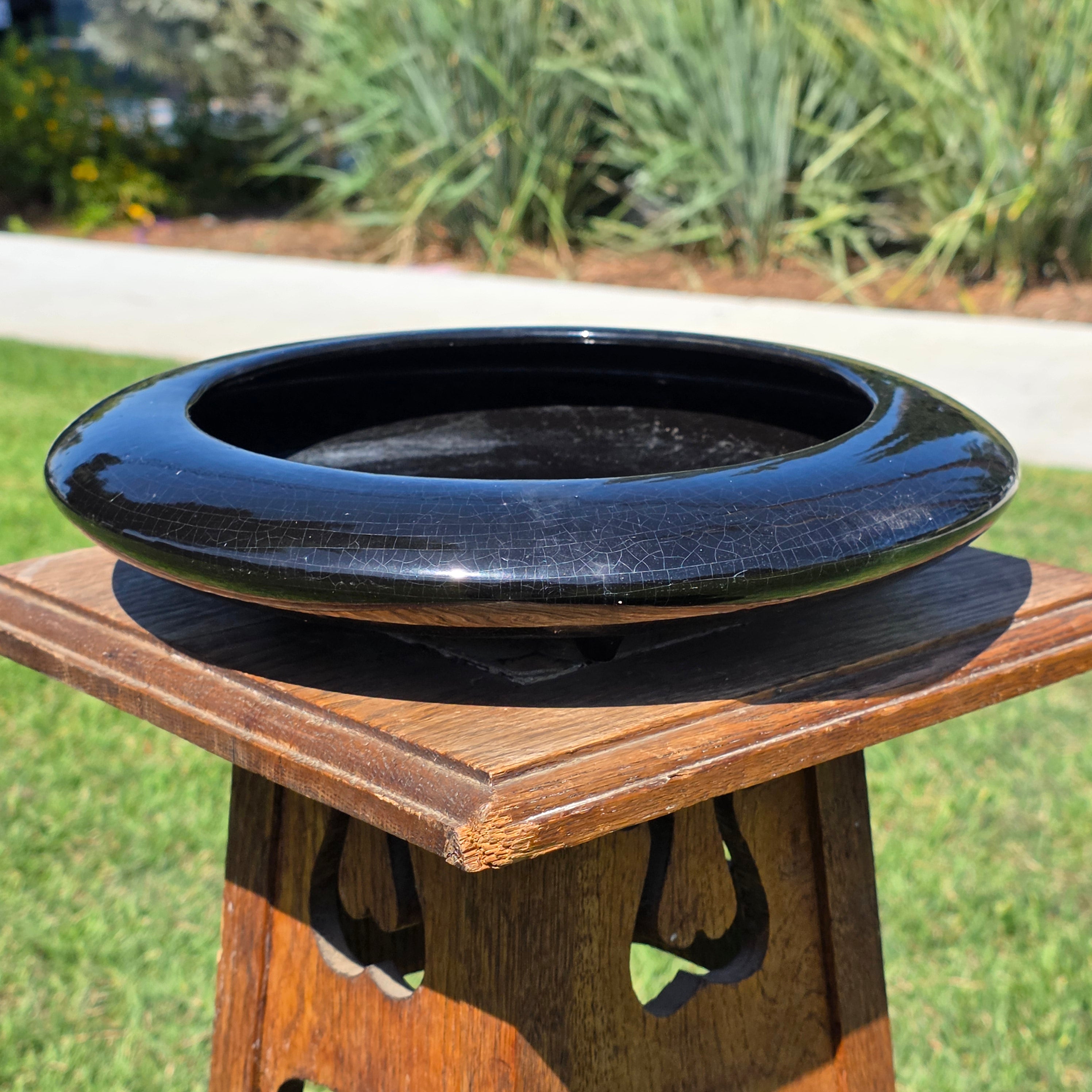 Vintage Mid Century Modern Black Glazed Ikebana Vase Planter Pottery Crazing 12"