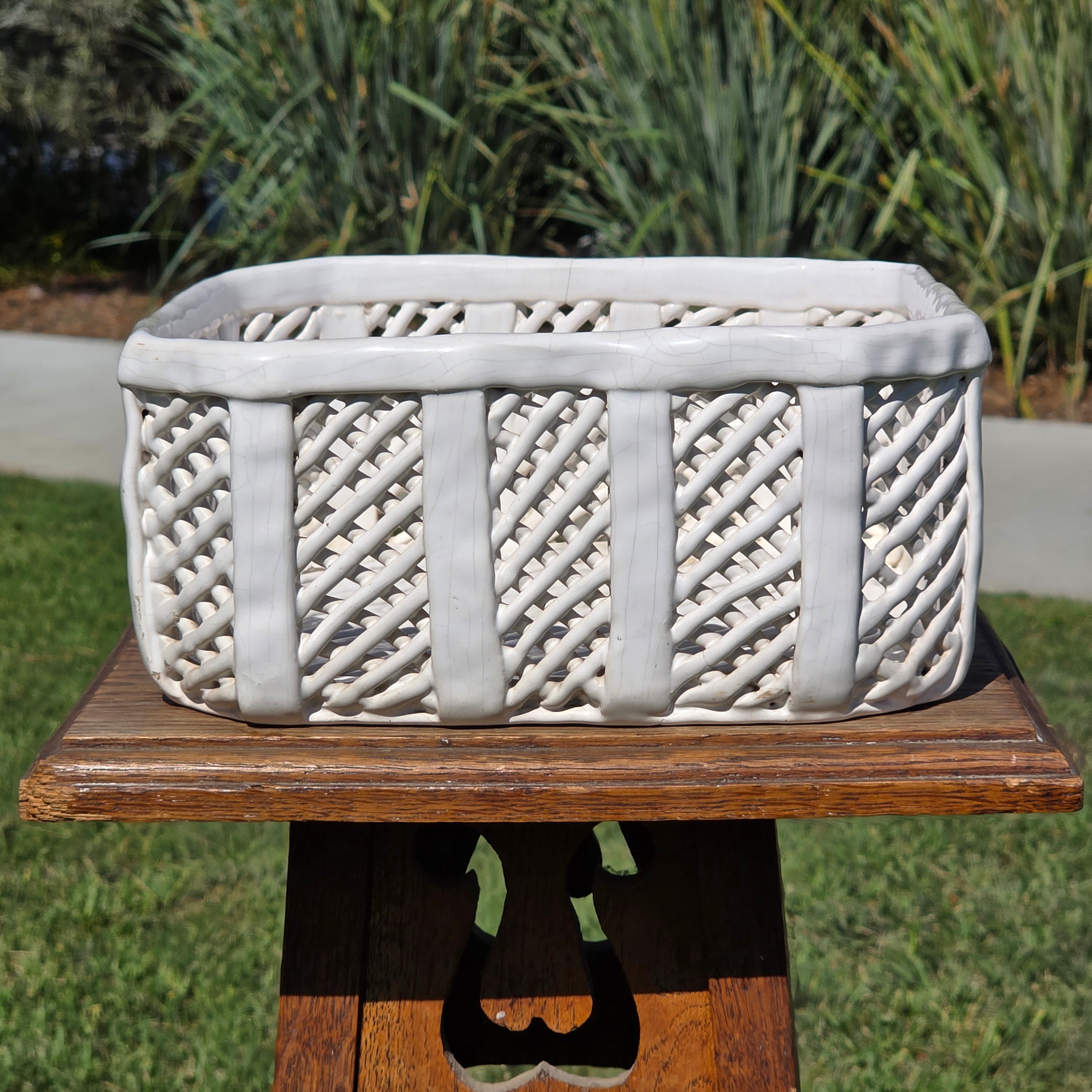 Vintage Portugal White Ceramic Woven Basket Planter Signed Lattice Savoir Style