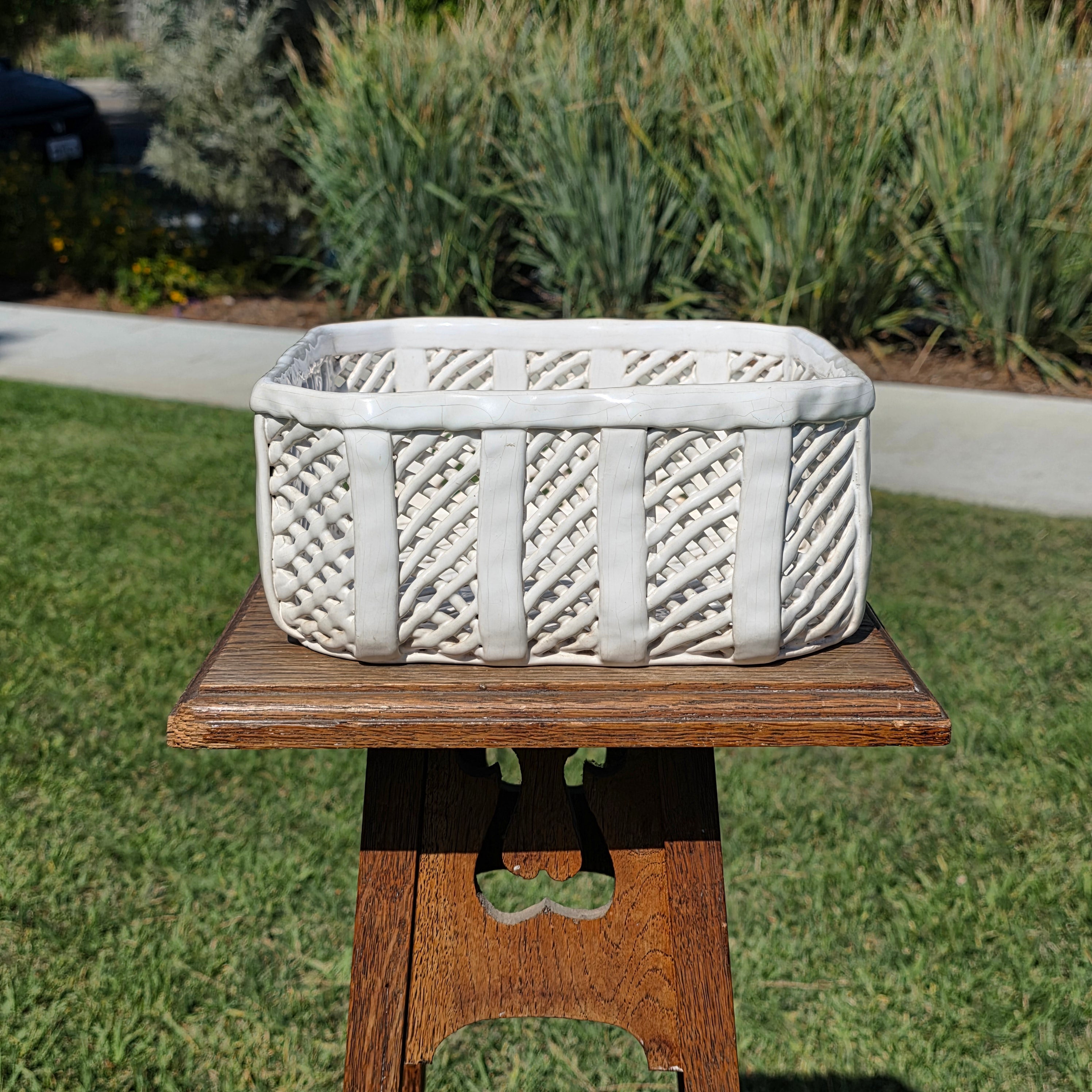 Vintage Portugal White Ceramic Woven Basket Planter Signed Lattice Savoir Style
