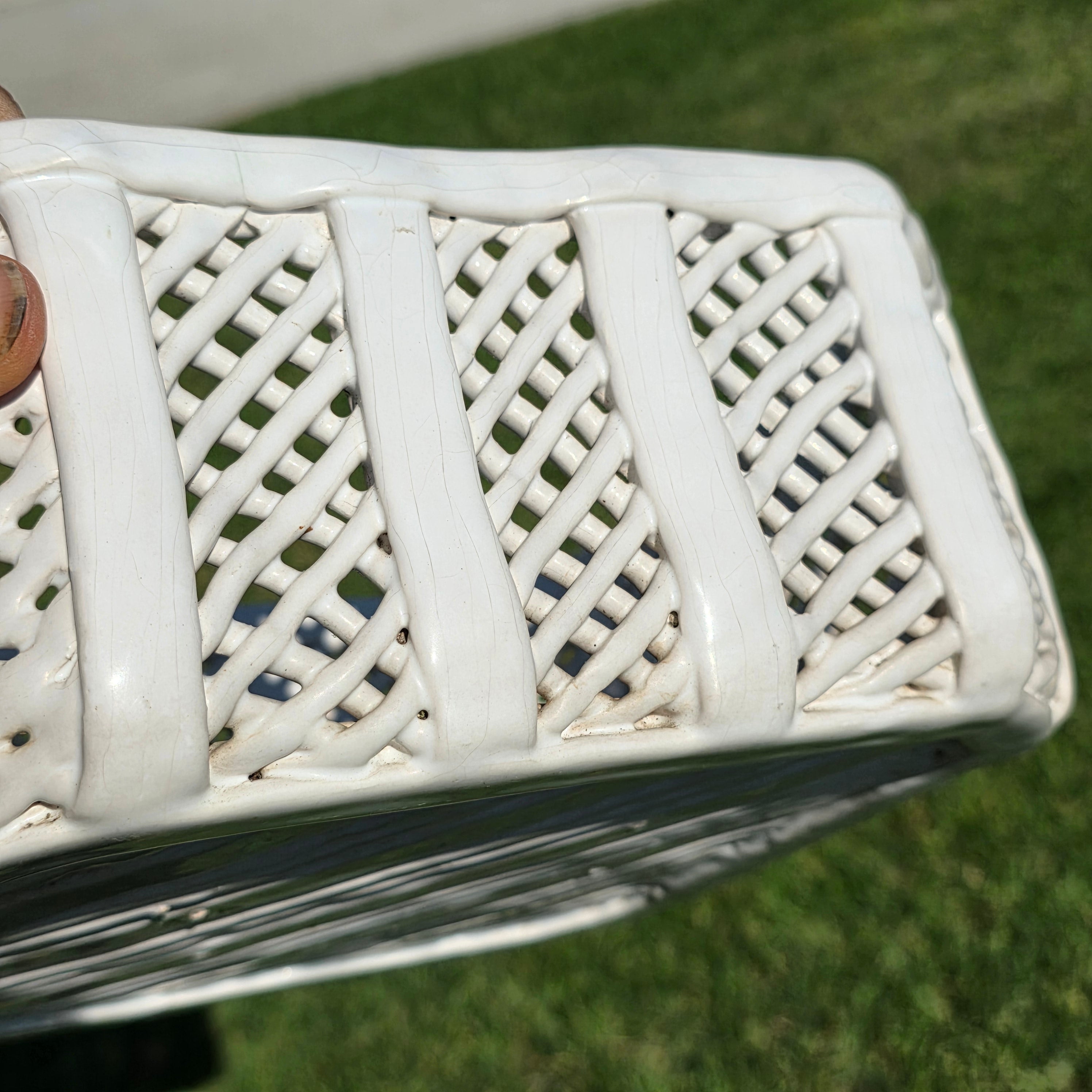 Vintage Portugal White Ceramic Woven Basket Planter Signed Lattice Savoir Style