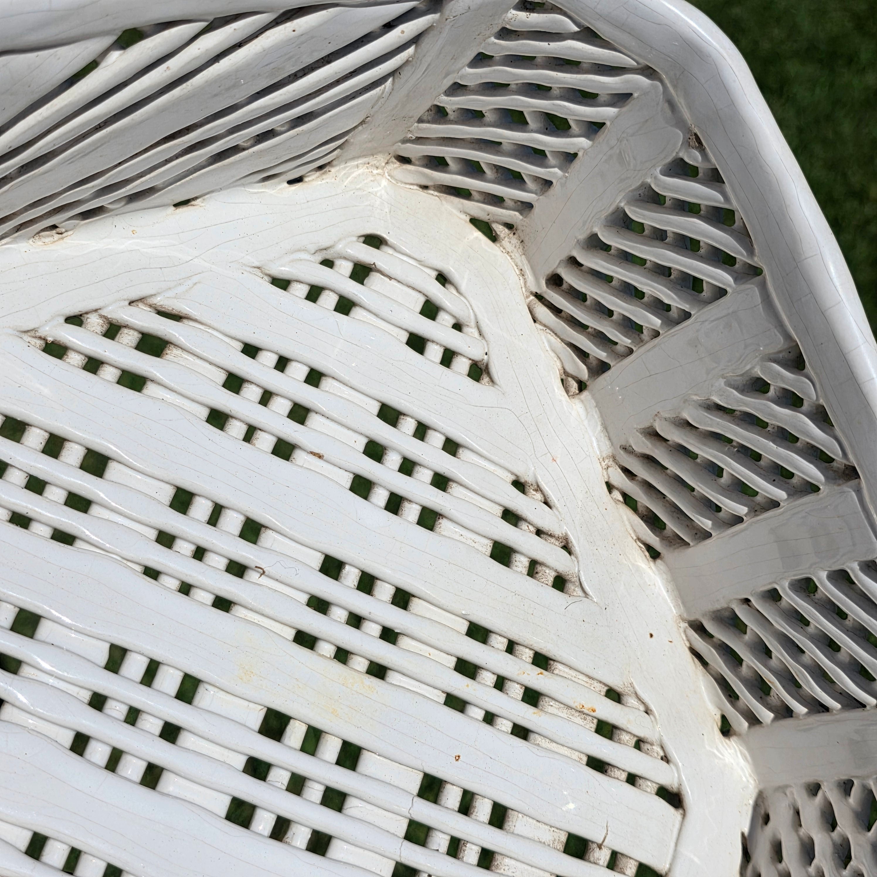 Vintage Portugal White Ceramic Woven Basket Planter Signed Lattice Savoir Style