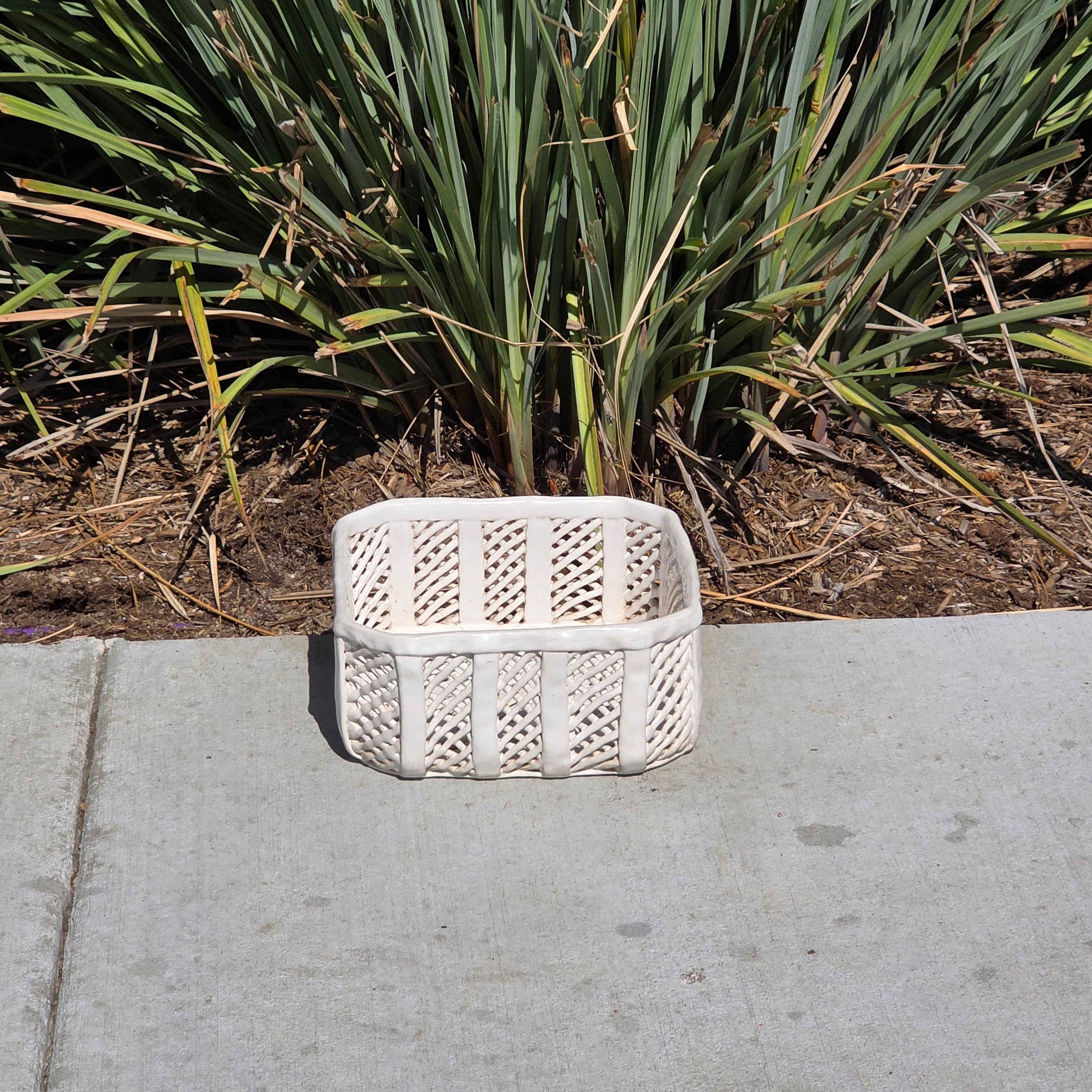 Vintage Portugal White Ceramic Woven Basket Planter Signed Lattice Savoir Style
